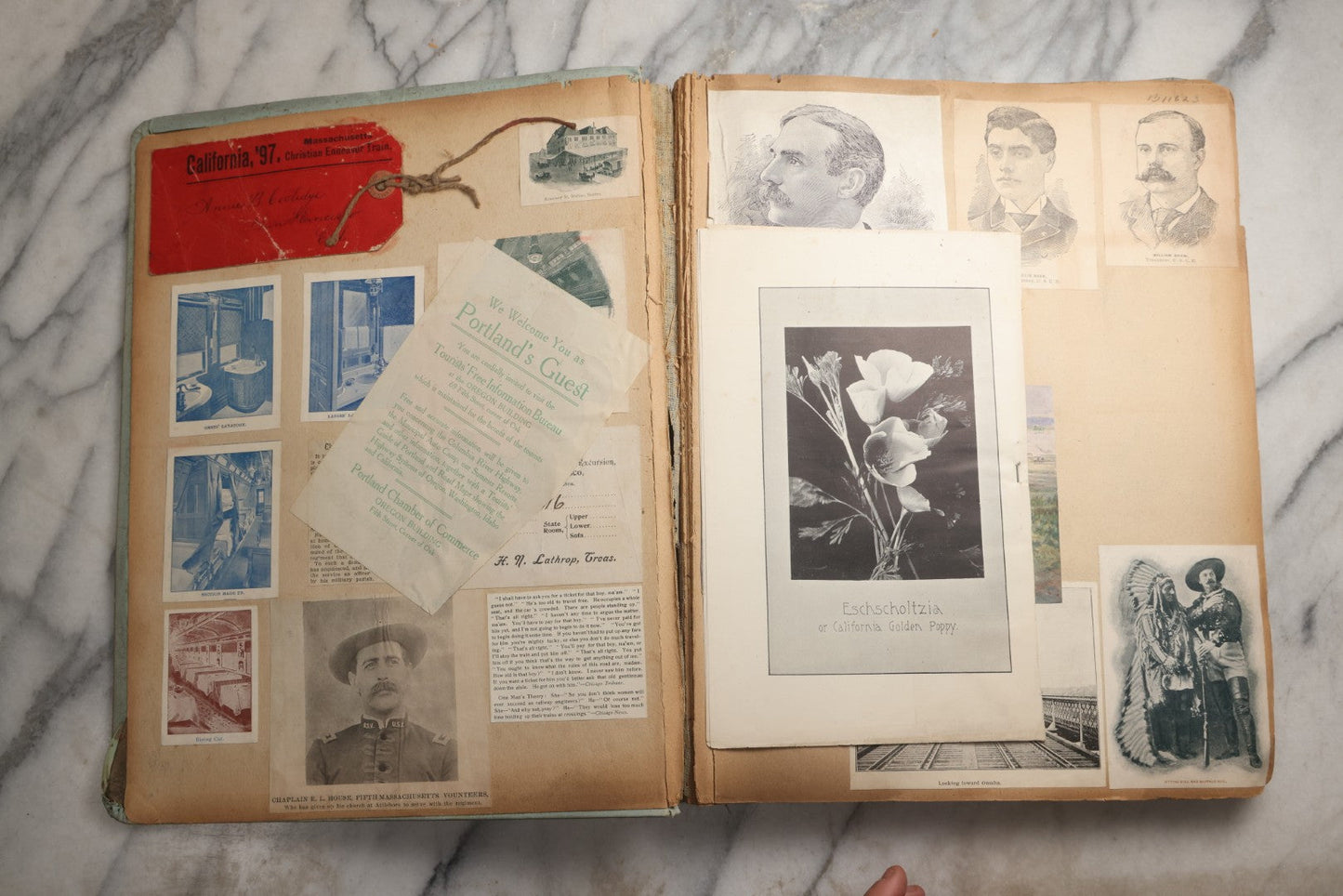 Lot 080 - Antique Light Blue Scrapbook Album With Silver Painted Embossed Decorations, California, San Francisco Chinatown, Oakland, Yosemite Ephemera, Homemade Herbarium With Location Captions Including Yellowstone Park And Utah, Circa 1897