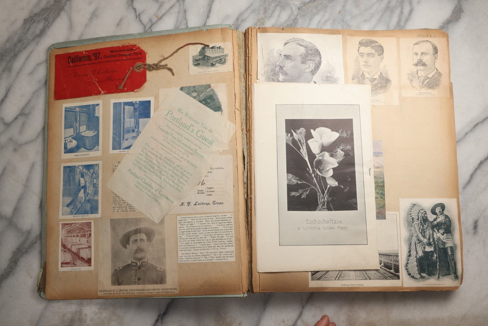 Lot 080 - Antique Light Blue Scrapbook Album With Silver Painted Embossed Decorations, California, San Francisco Chinatown, Oakland, Yosemite Ephemera, Homemade Herbarium With Location Captions Including Yellowstone Park And Utah, Circa 1897