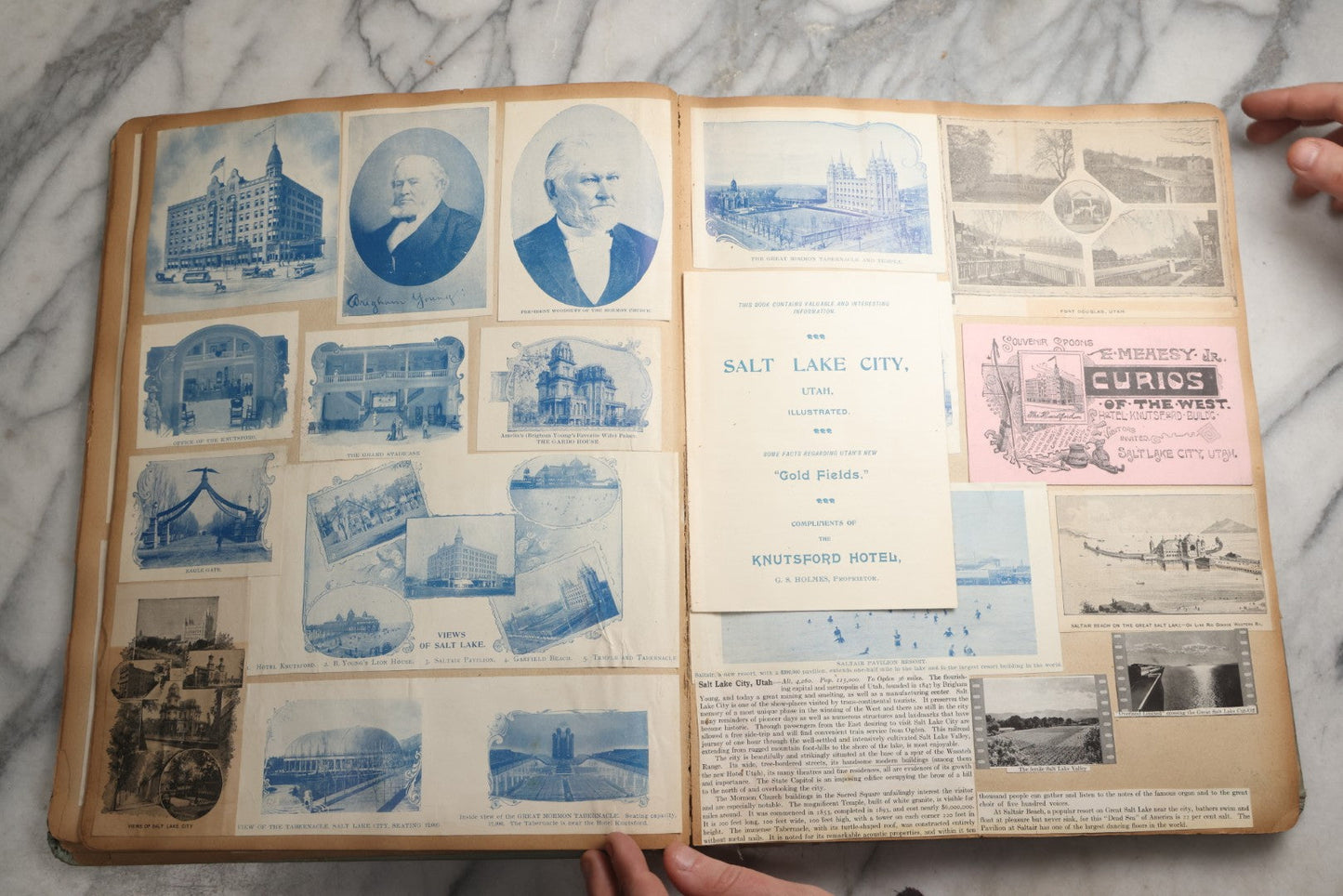 Lot 080 - Antique Light Blue Scrapbook Album With Silver Painted Embossed Decorations, California, San Francisco Chinatown, Oakland, Yosemite Ephemera, Homemade Herbarium With Location Captions Including Yellowstone Park And Utah, Circa 1897