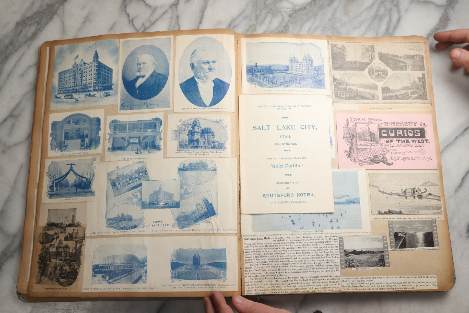 Lot 080 - Antique Light Blue Scrapbook Album With Silver Painted Embossed Decorations, California, San Francisco Chinatown, Oakland, Yosemite Ephemera, Homemade Herbarium With Location Captions Including Yellowstone Park And Utah, Circa 1897