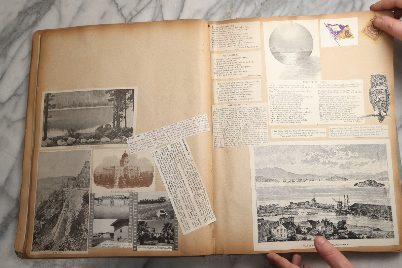 Lot 080 - Antique Light Blue Scrapbook Album With Silver Painted Embossed Decorations, California, San Francisco Chinatown, Oakland, Yosemite Ephemera, Homemade Herbarium With Location Captions Including Yellowstone Park And Utah, Circa 1897