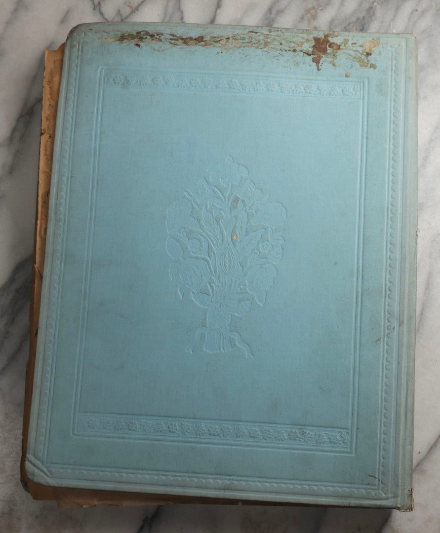 Lot 080 - Antique Light Blue Scrapbook Album With Silver Painted Embossed Decorations, California, San Francisco Chinatown, Oakland, Yosemite Ephemera, Homemade Herbarium With Location Captions Including Yellowstone Park And Utah, Circa 1897