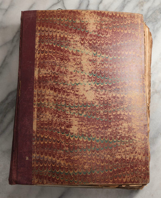 Lot 081 - Antique Marbled Paper Scrapbook Album With Board And Fabric Binding, England, Holland, France, European Travel Ephemera, Two Spreads Homemade Herbarium, Circa 1899