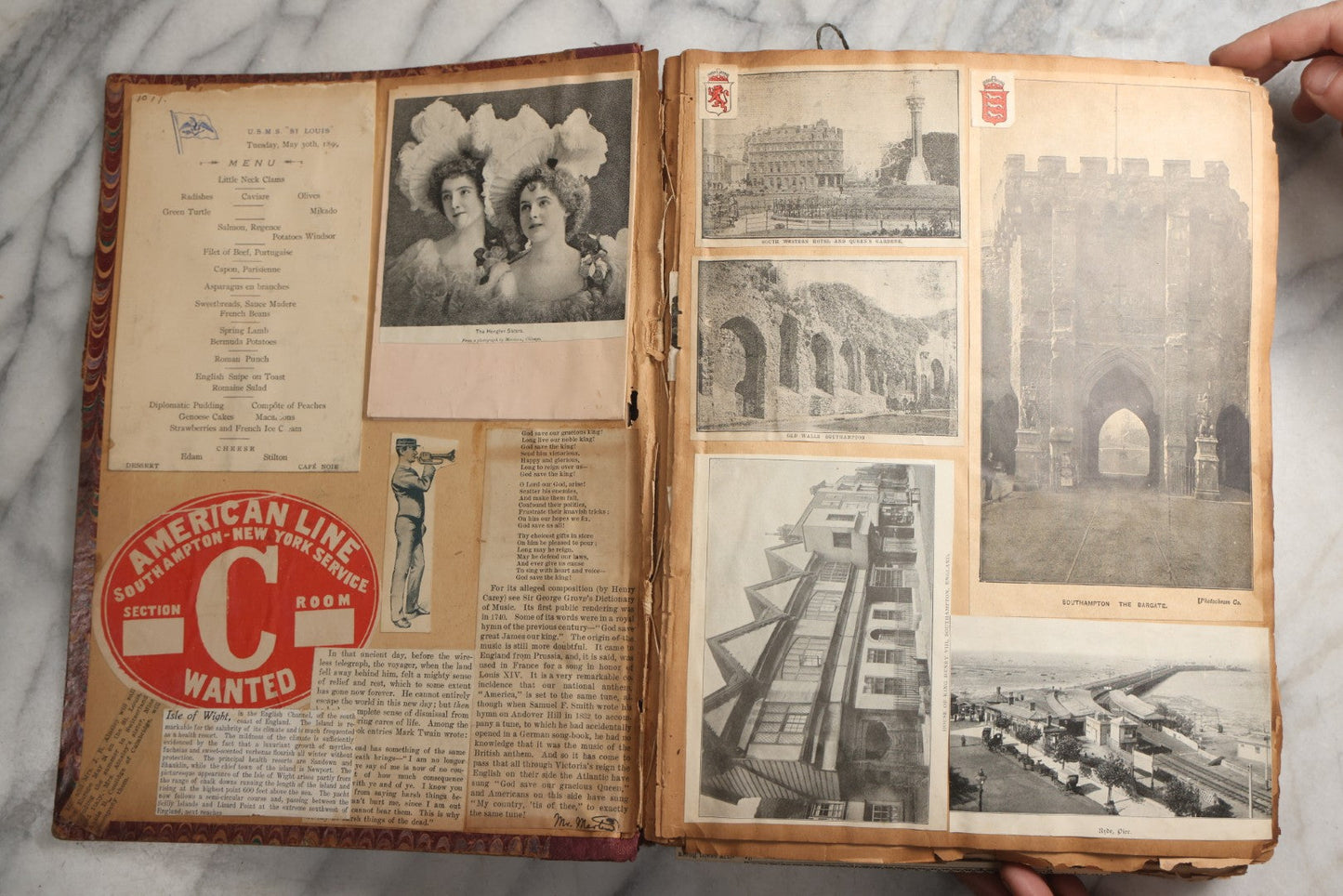 Lot 081 - Antique Marbled Paper Scrapbook Album With Board And Fabric Binding, England, Holland, France, European Travel Ephemera, Two Spreads Homemade Herbarium, Circa 1899