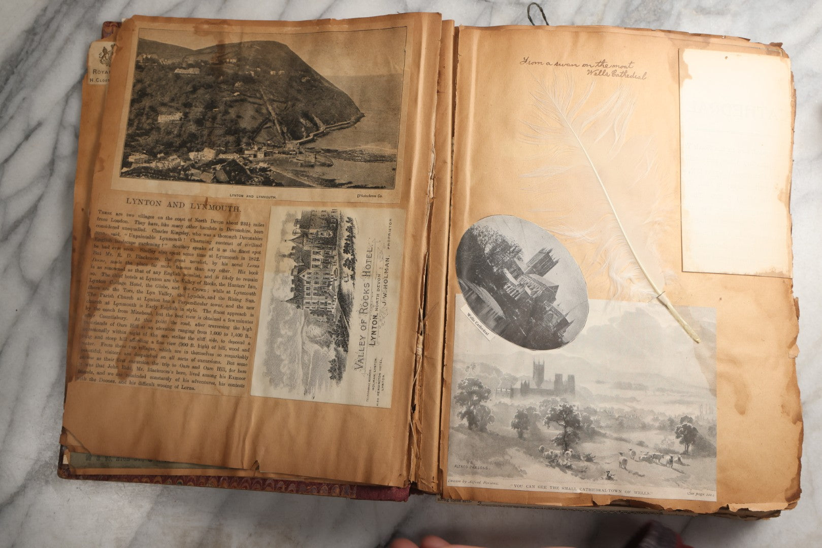 Lot 081 - Antique Marbled Paper Scrapbook Album With Board And Fabric Binding, England, Holland, France, European Travel Ephemera, Two Spreads Homemade Herbarium, Circa 1899