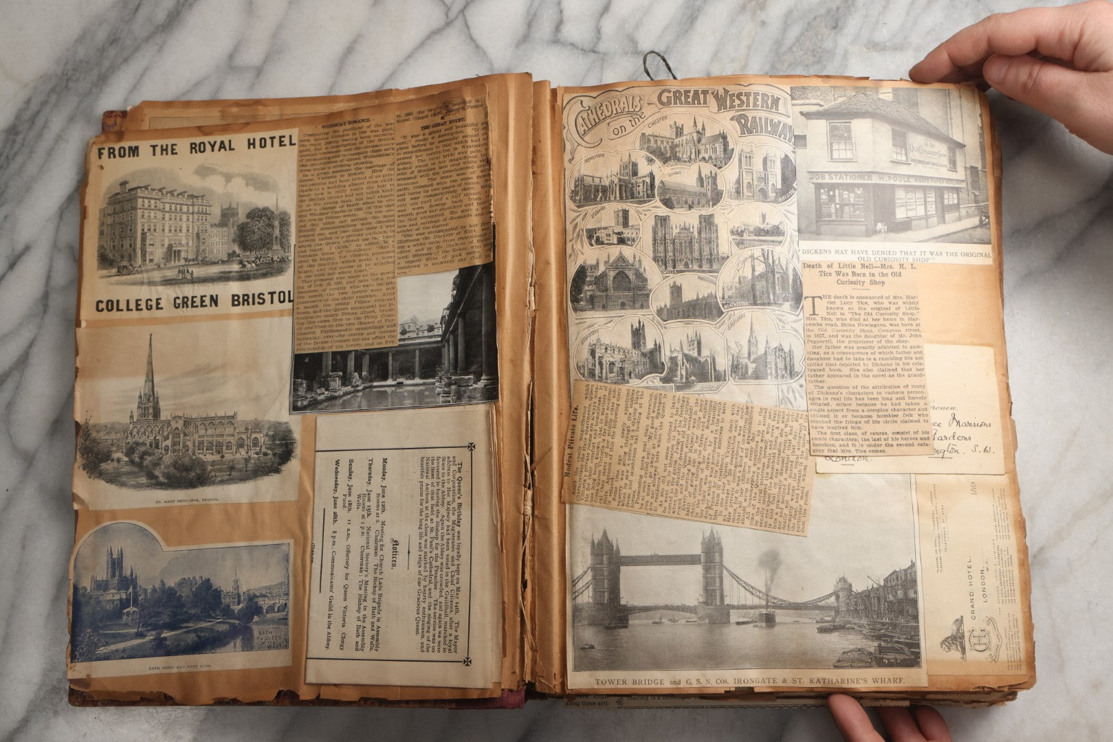 Lot 081 - Antique Marbled Paper Scrapbook Album With Board And Fabric Binding, England, Holland, France, European Travel Ephemera, Two Spreads Homemade Herbarium, Circa 1899