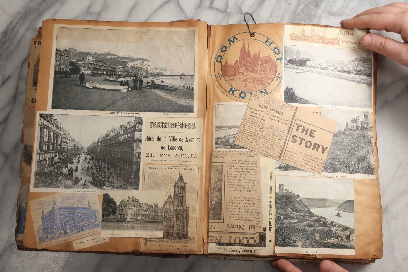 Lot 081 - Antique Marbled Paper Scrapbook Album With Board And Fabric Binding, England, Holland, France, European Travel Ephemera, Two Spreads Homemade Herbarium, Circa 1899