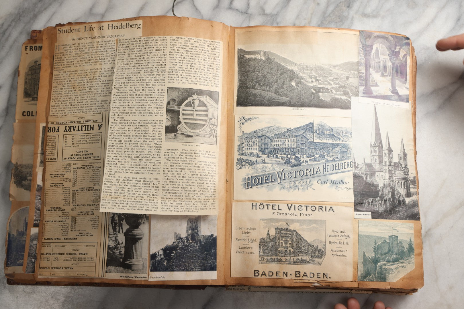 Lot 081 - Antique Marbled Paper Scrapbook Album With Board And Fabric Binding, England, Holland, France, European Travel Ephemera, Two Spreads Homemade Herbarium, Circa 1899