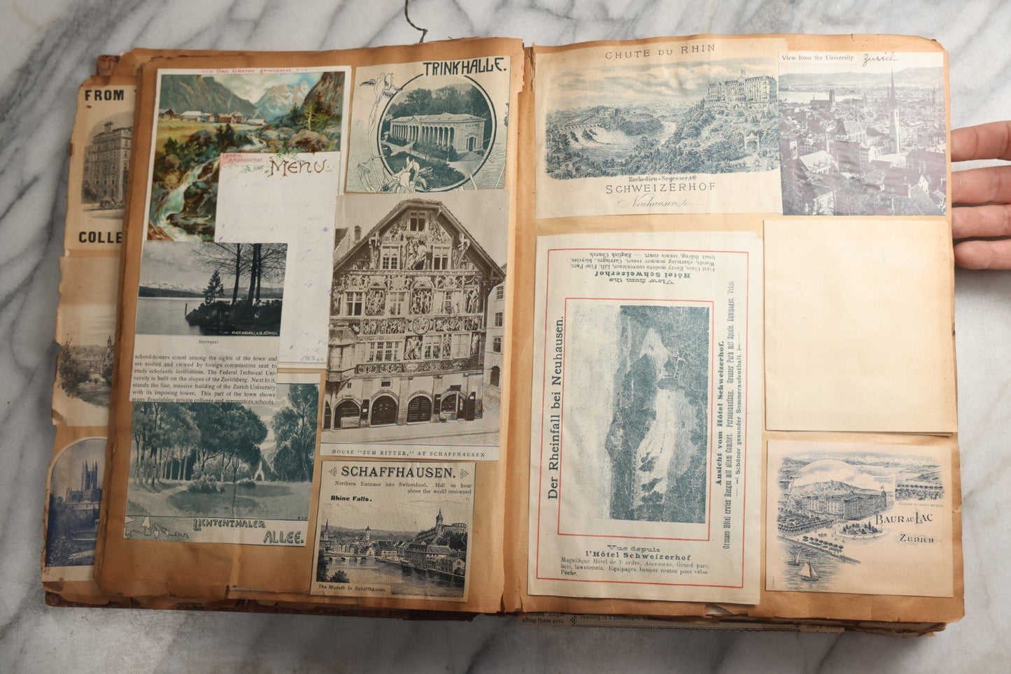 Lot 081 - Antique Marbled Paper Scrapbook Album With Board And Fabric Binding, England, Holland, France, European Travel Ephemera, Two Spreads Homemade Herbarium, Circa 1899