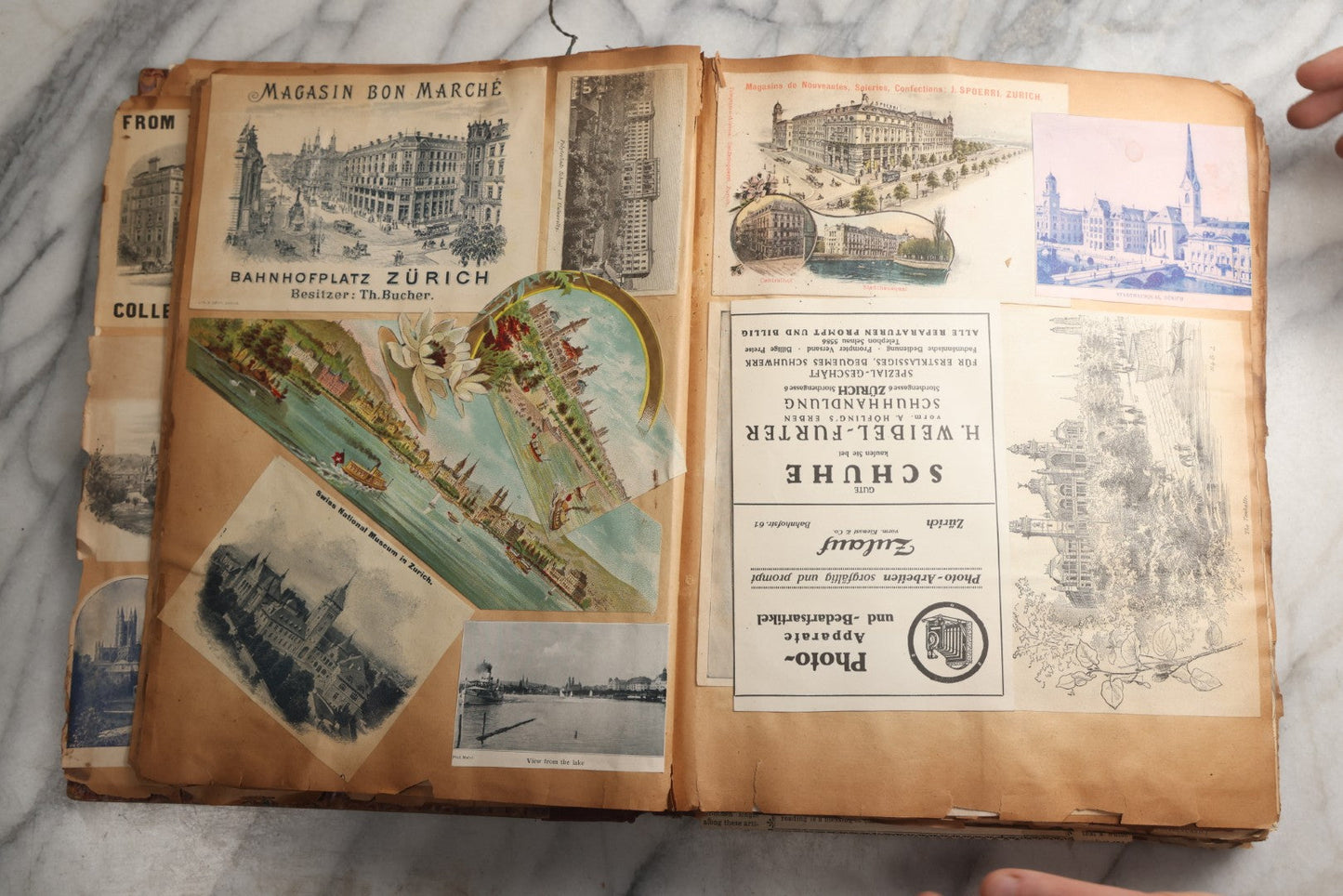 Lot 081 - Antique Marbled Paper Scrapbook Album With Board And Fabric Binding, England, Holland, France, European Travel Ephemera, Two Spreads Homemade Herbarium, Circa 1899