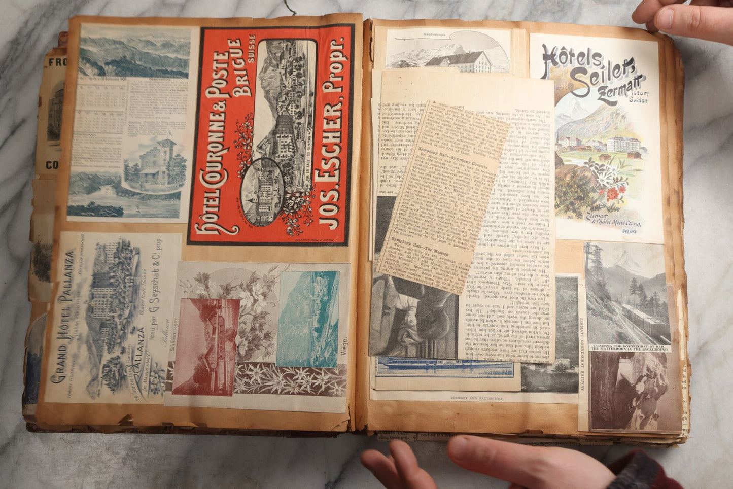 Lot 081 - Antique Marbled Paper Scrapbook Album With Board And Fabric Binding, England, Holland, France, European Travel Ephemera, Two Spreads Homemade Herbarium, Circa 1899