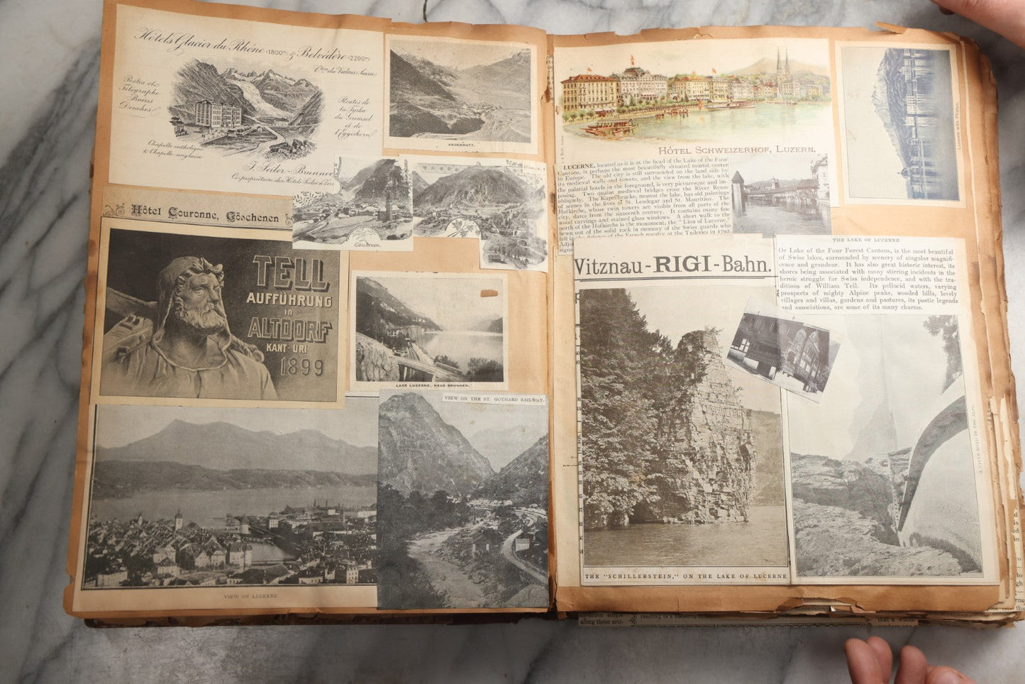 Lot 081 - Antique Marbled Paper Scrapbook Album With Board And Fabric Binding, England, Holland, France, European Travel Ephemera, Two Spreads Homemade Herbarium, Circa 1899