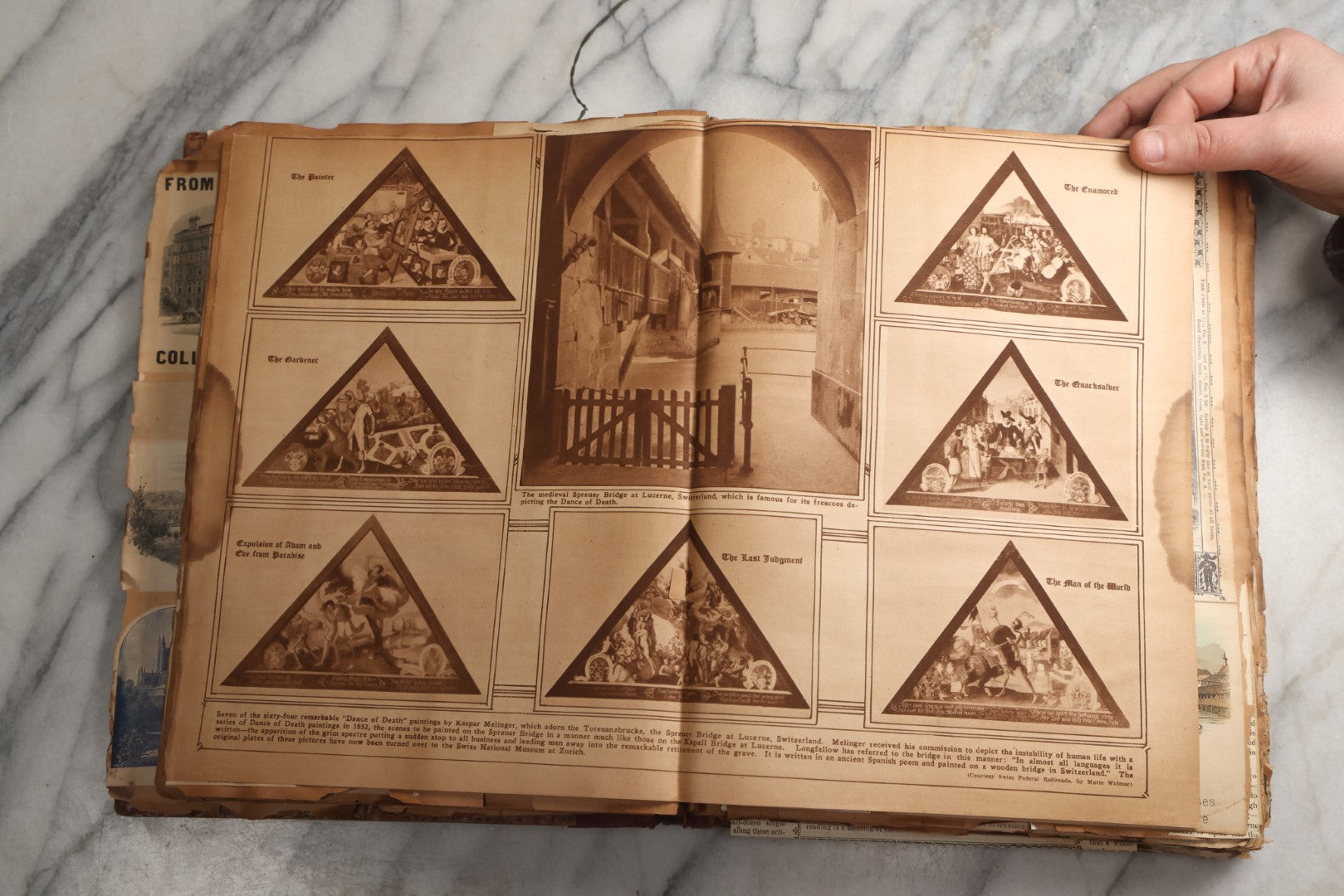 Lot 081 - Antique Marbled Paper Scrapbook Album With Board And Fabric Binding, England, Holland, France, European Travel Ephemera, Two Spreads Homemade Herbarium, Circa 1899