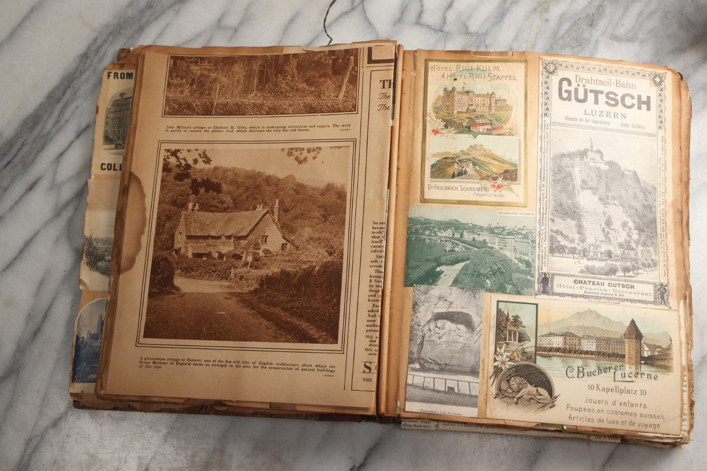 Lot 081 - Antique Marbled Paper Scrapbook Album With Board And Fabric Binding, England, Holland, France, European Travel Ephemera, Two Spreads Homemade Herbarium, Circa 1899