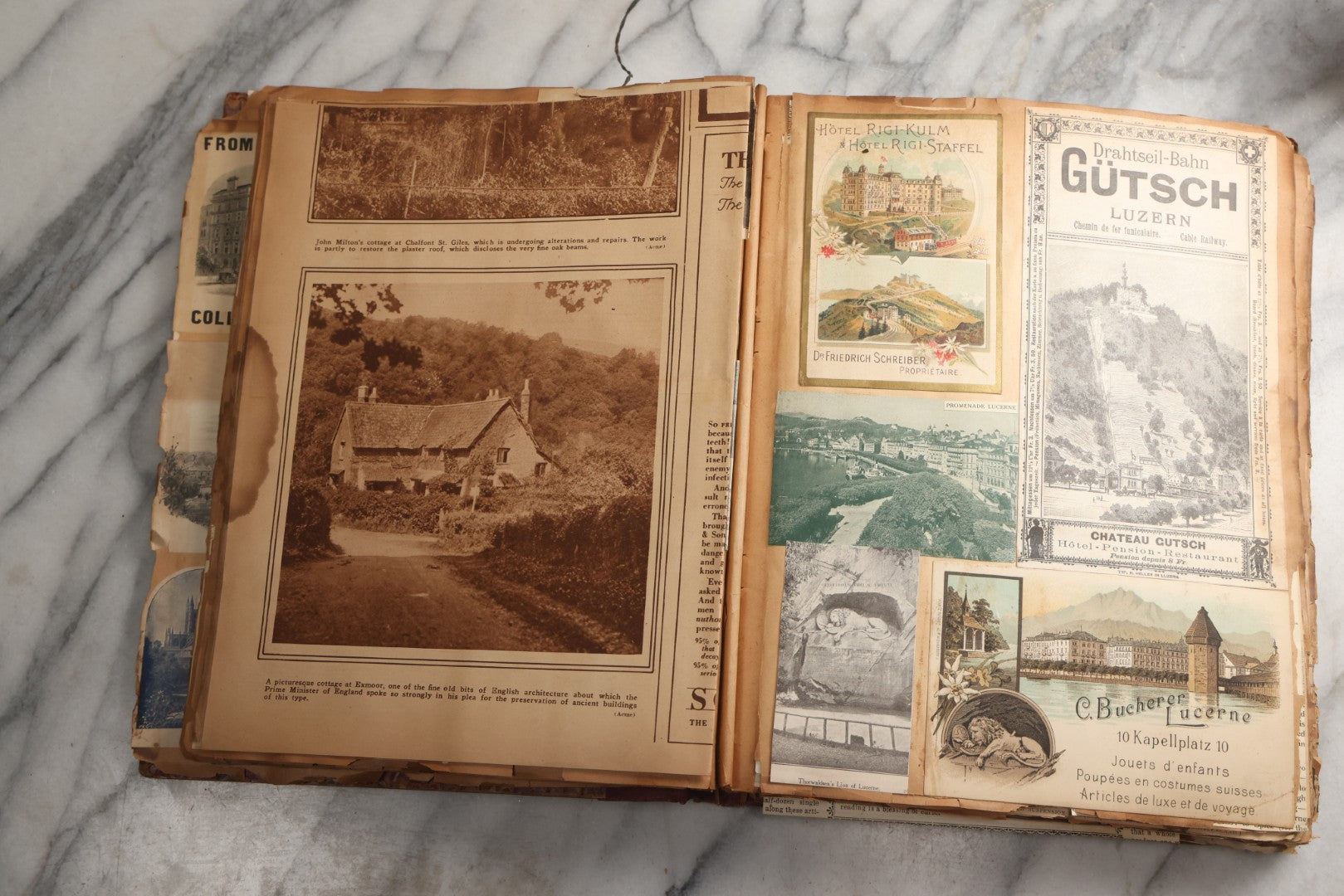 Lot 081 - Antique Marbled Paper Scrapbook Album With Board And Fabric Binding, England, Holland, France, European Travel Ephemera, Two Spreads Homemade Herbarium, Circa 1899