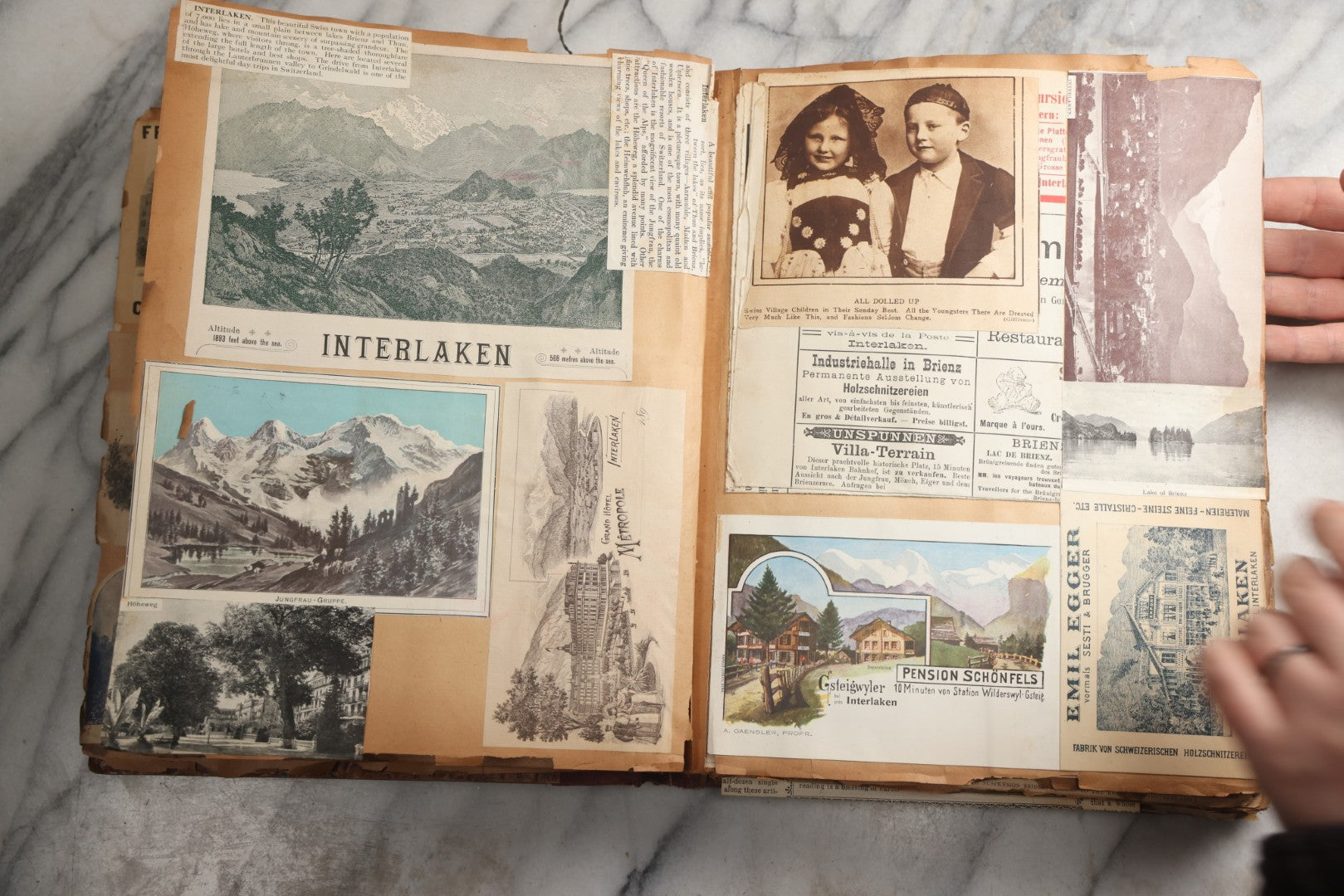 Lot 081 - Antique Marbled Paper Scrapbook Album With Board And Fabric Binding, England, Holland, France, European Travel Ephemera, Two Spreads Homemade Herbarium, Circa 1899