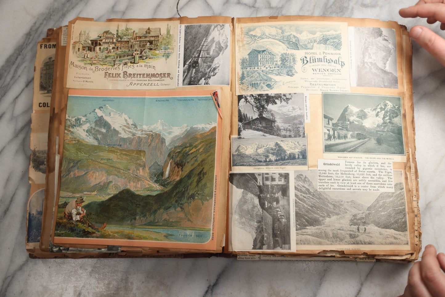 Lot 081 - Antique Marbled Paper Scrapbook Album With Board And Fabric Binding, England, Holland, France, European Travel Ephemera, Two Spreads Homemade Herbarium, Circa 1899