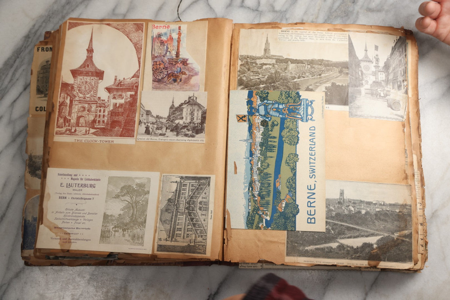 Lot 081 - Antique Marbled Paper Scrapbook Album With Board And Fabric Binding, England, Holland, France, European Travel Ephemera, Two Spreads Homemade Herbarium, Circa 1899