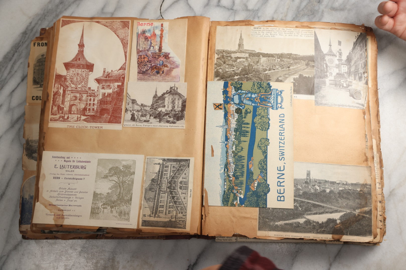 Lot 081 - Antique Marbled Paper Scrapbook Album With Board And Fabric Binding, England, Holland, France, European Travel Ephemera, Two Spreads Homemade Herbarium, Circa 1899