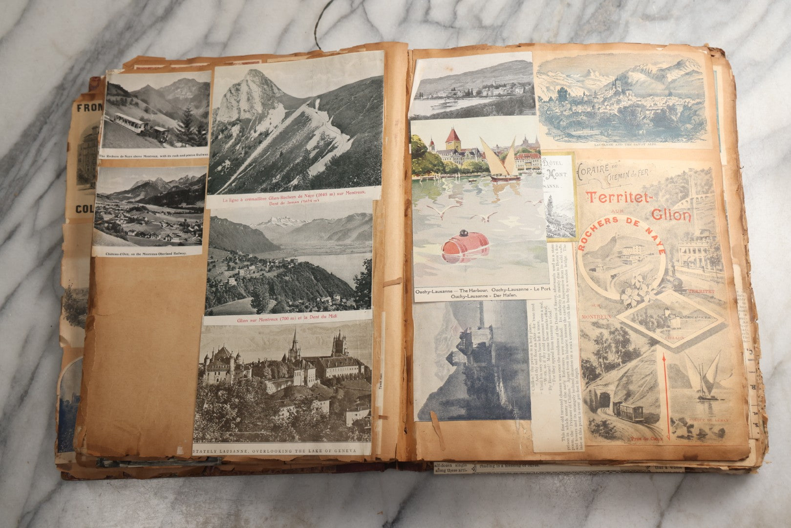 Lot 081 - Antique Marbled Paper Scrapbook Album With Board And Fabric Binding, England, Holland, France, European Travel Ephemera, Two Spreads Homemade Herbarium, Circa 1899