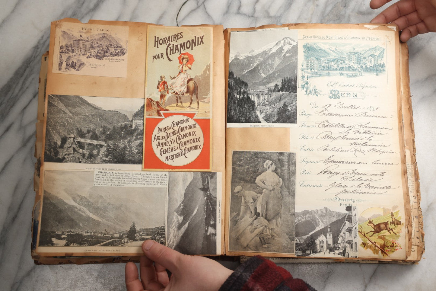 Lot 081 - Antique Marbled Paper Scrapbook Album With Board And Fabric Binding, England, Holland, France, European Travel Ephemera, Two Spreads Homemade Herbarium, Circa 1899