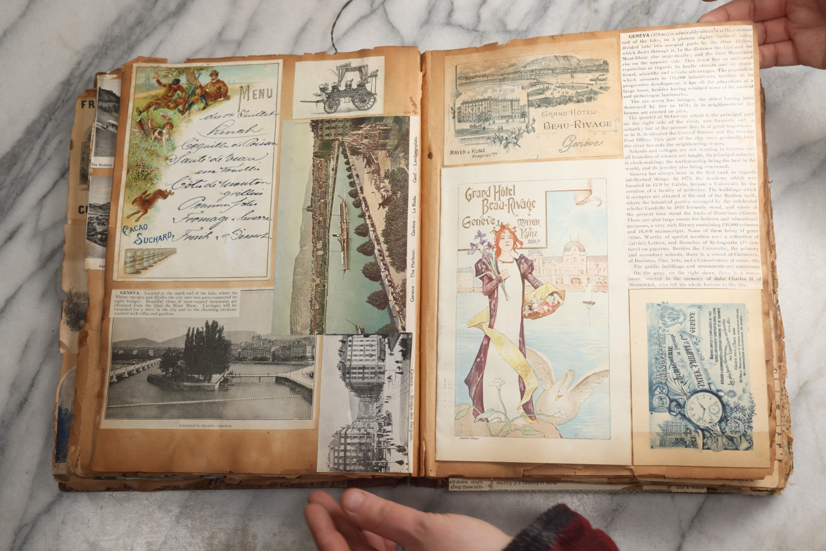 Lot 081 - Antique Marbled Paper Scrapbook Album With Board And Fabric Binding, England, Holland, France, European Travel Ephemera, Two Spreads Homemade Herbarium, Circa 1899
