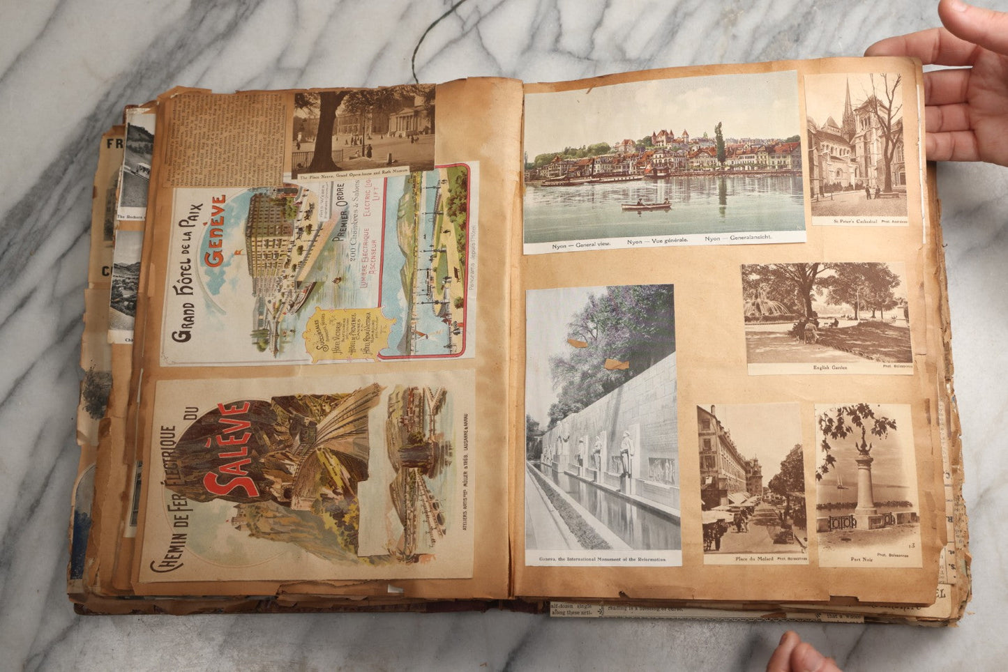 Lot 081 - Antique Marbled Paper Scrapbook Album With Board And Fabric Binding, England, Holland, France, European Travel Ephemera, Two Spreads Homemade Herbarium, Circa 1899