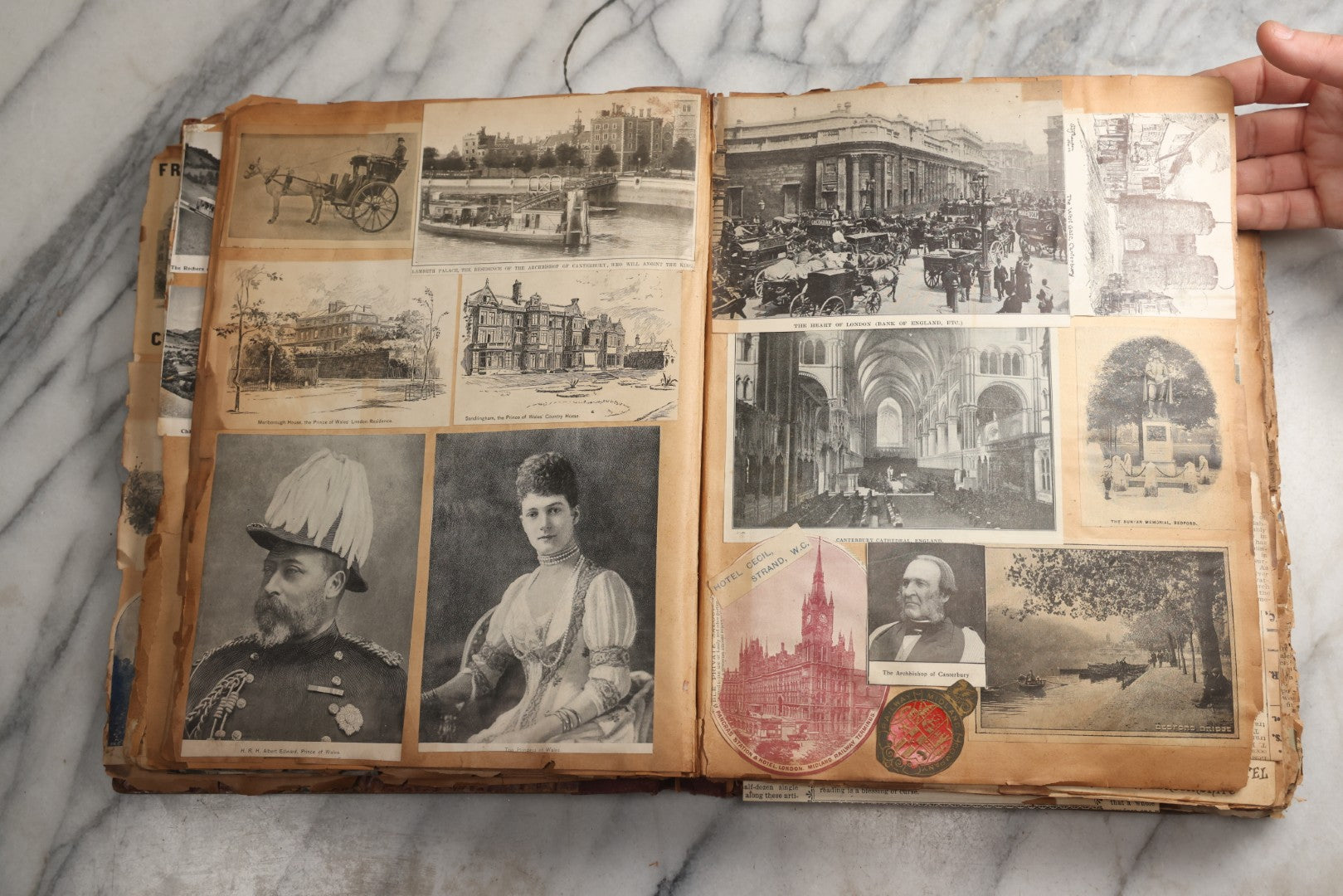 Lot 081 - Antique Marbled Paper Scrapbook Album With Board And Fabric Binding, England, Holland, France, European Travel Ephemera, Two Spreads Homemade Herbarium, Circa 1899