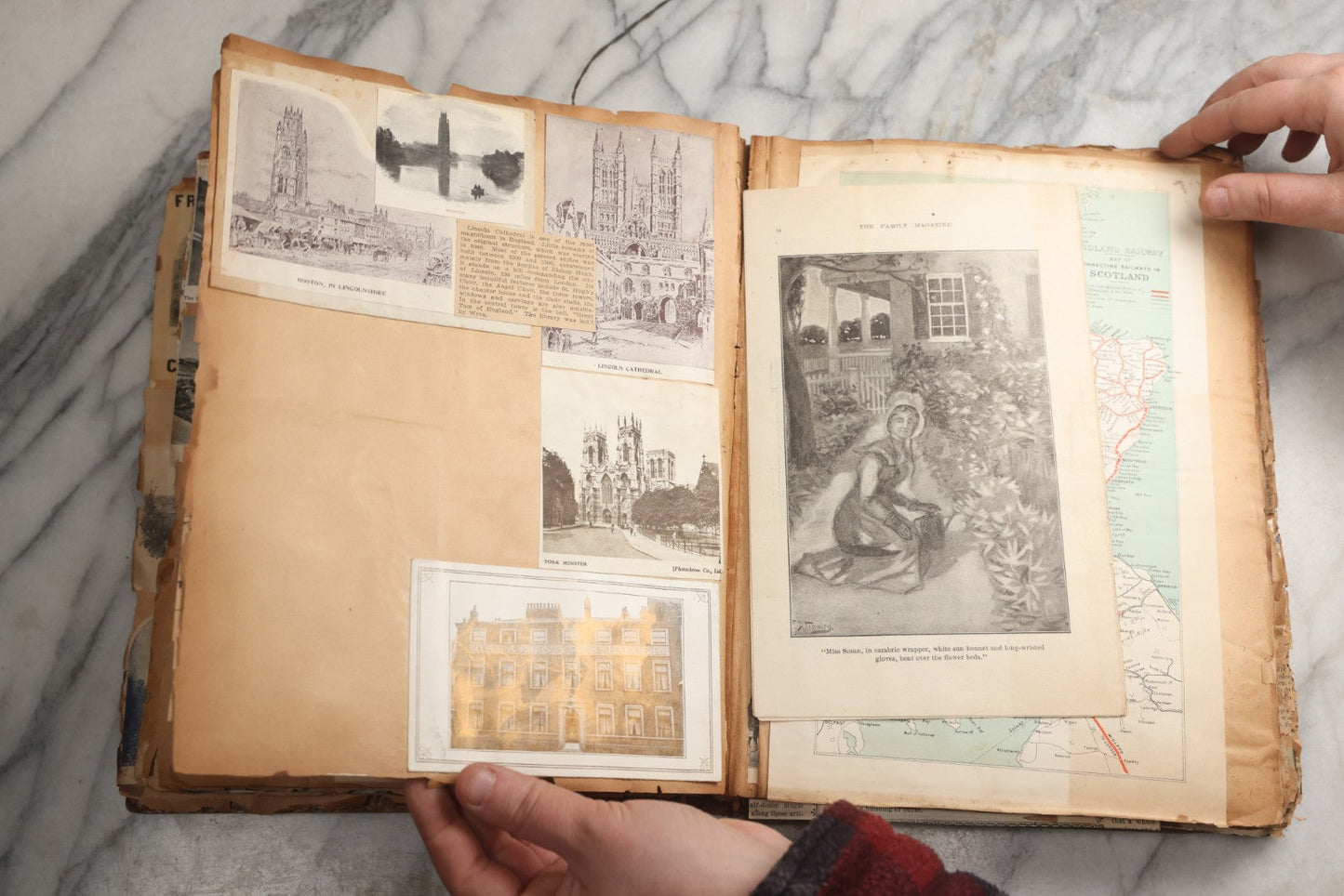 Lot 081 - Antique Marbled Paper Scrapbook Album With Board And Fabric Binding, England, Holland, France, European Travel Ephemera, Two Spreads Homemade Herbarium, Circa 1899