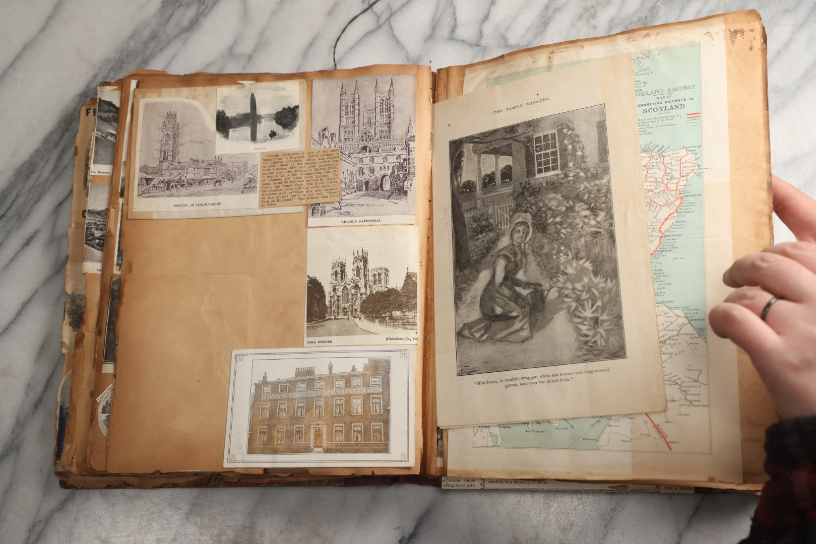 Lot 081 - Antique Marbled Paper Scrapbook Album With Board And Fabric Binding, England, Holland, France, European Travel Ephemera, Two Spreads Homemade Herbarium, Circa 1899