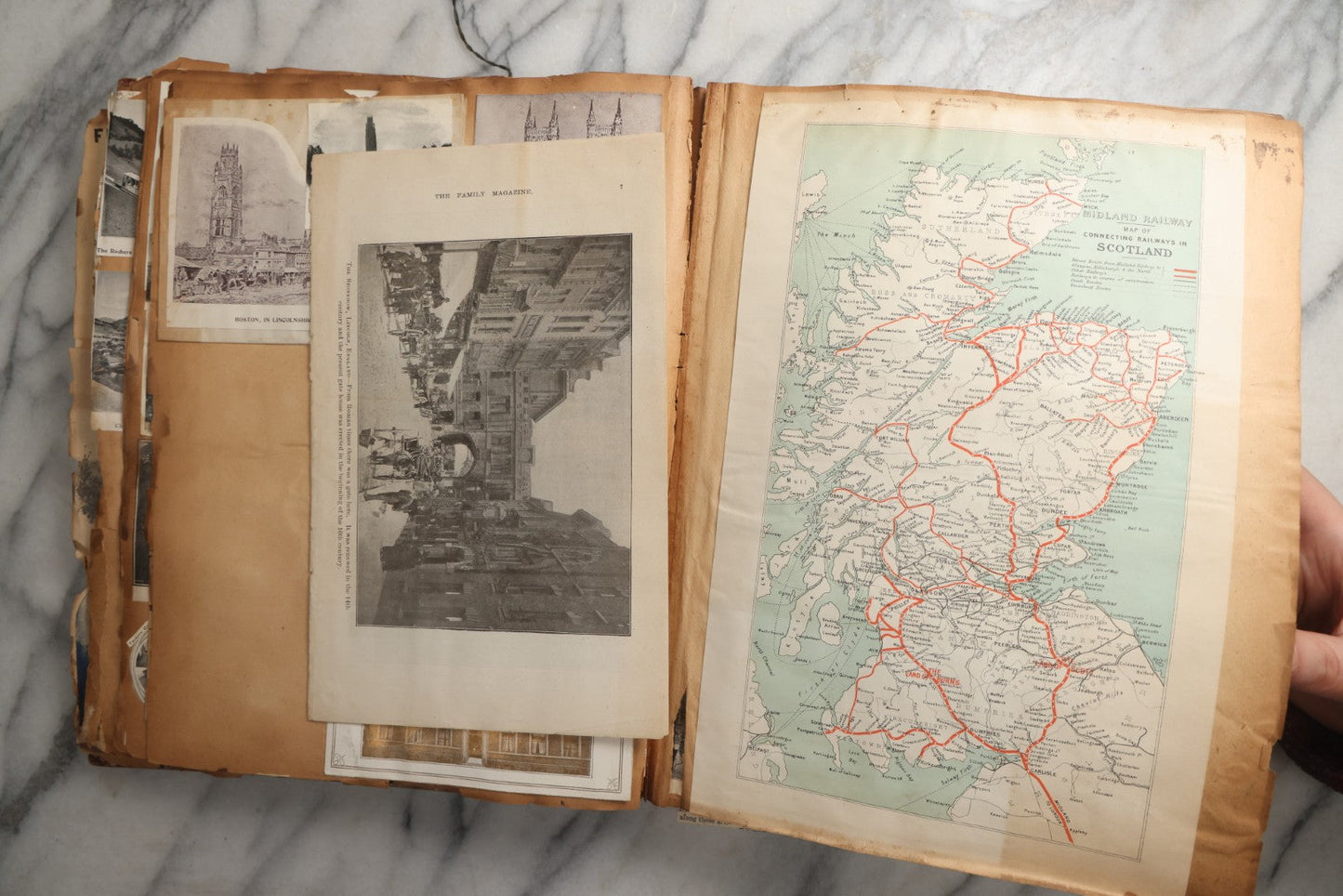 Lot 081 - Antique Marbled Paper Scrapbook Album With Board And Fabric Binding, England, Holland, France, European Travel Ephemera, Two Spreads Homemade Herbarium, Circa 1899