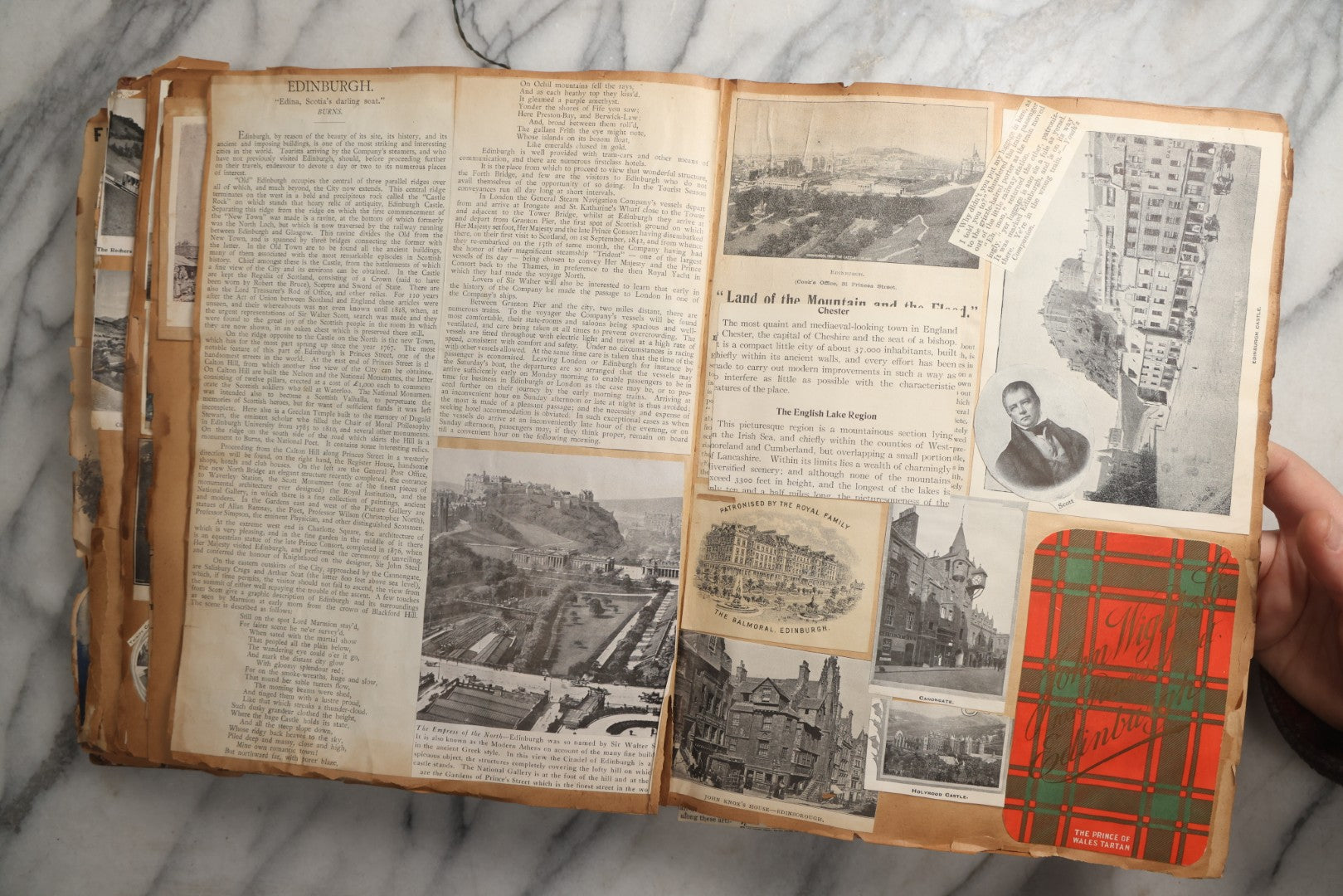 Lot 081 - Antique Marbled Paper Scrapbook Album With Board And Fabric Binding, England, Holland, France, European Travel Ephemera, Two Spreads Homemade Herbarium, Circa 1899