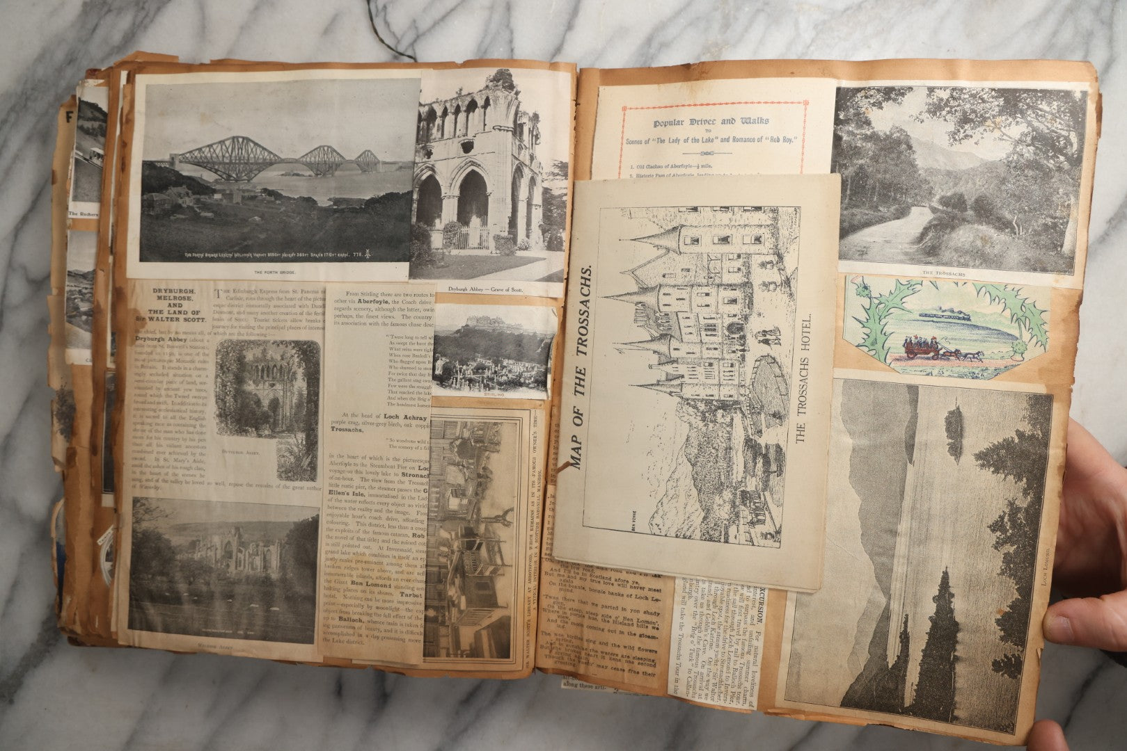 Lot 081 - Antique Marbled Paper Scrapbook Album With Board And Fabric Binding, England, Holland, France, European Travel Ephemera, Two Spreads Homemade Herbarium, Circa 1899