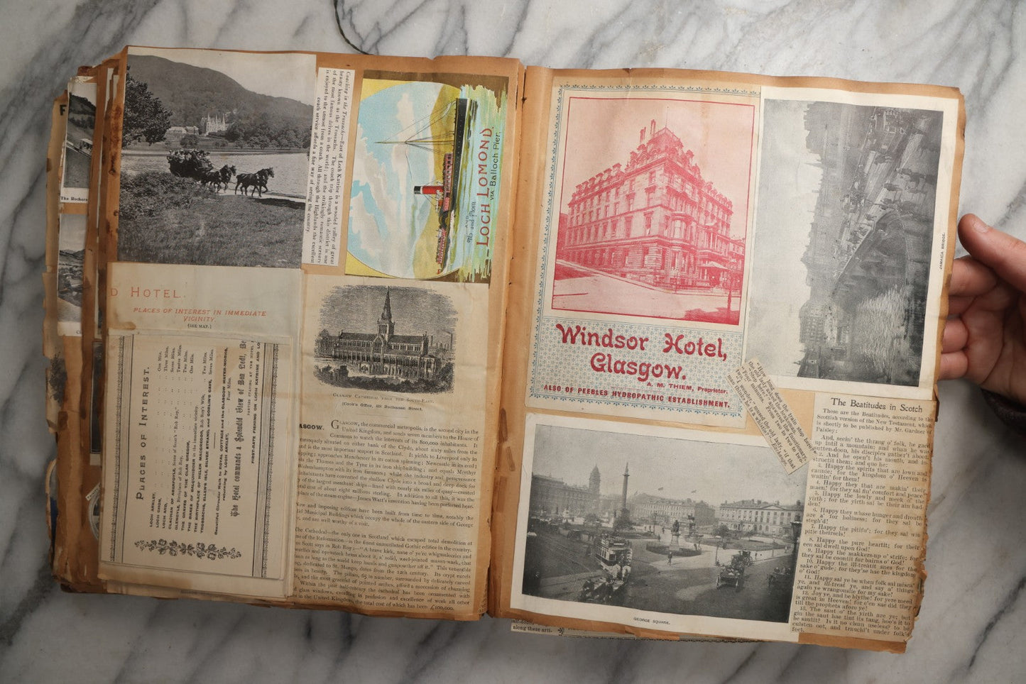 Lot 081 - Antique Marbled Paper Scrapbook Album With Board And Fabric Binding, England, Holland, France, European Travel Ephemera, Two Spreads Homemade Herbarium, Circa 1899