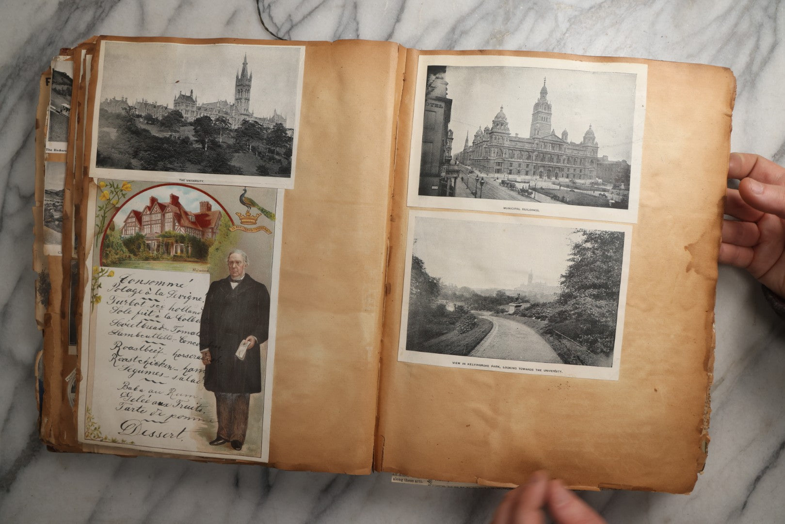 Lot 081 - Antique Marbled Paper Scrapbook Album With Board And Fabric Binding, England, Holland, France, European Travel Ephemera, Two Spreads Homemade Herbarium, Circa 1899
