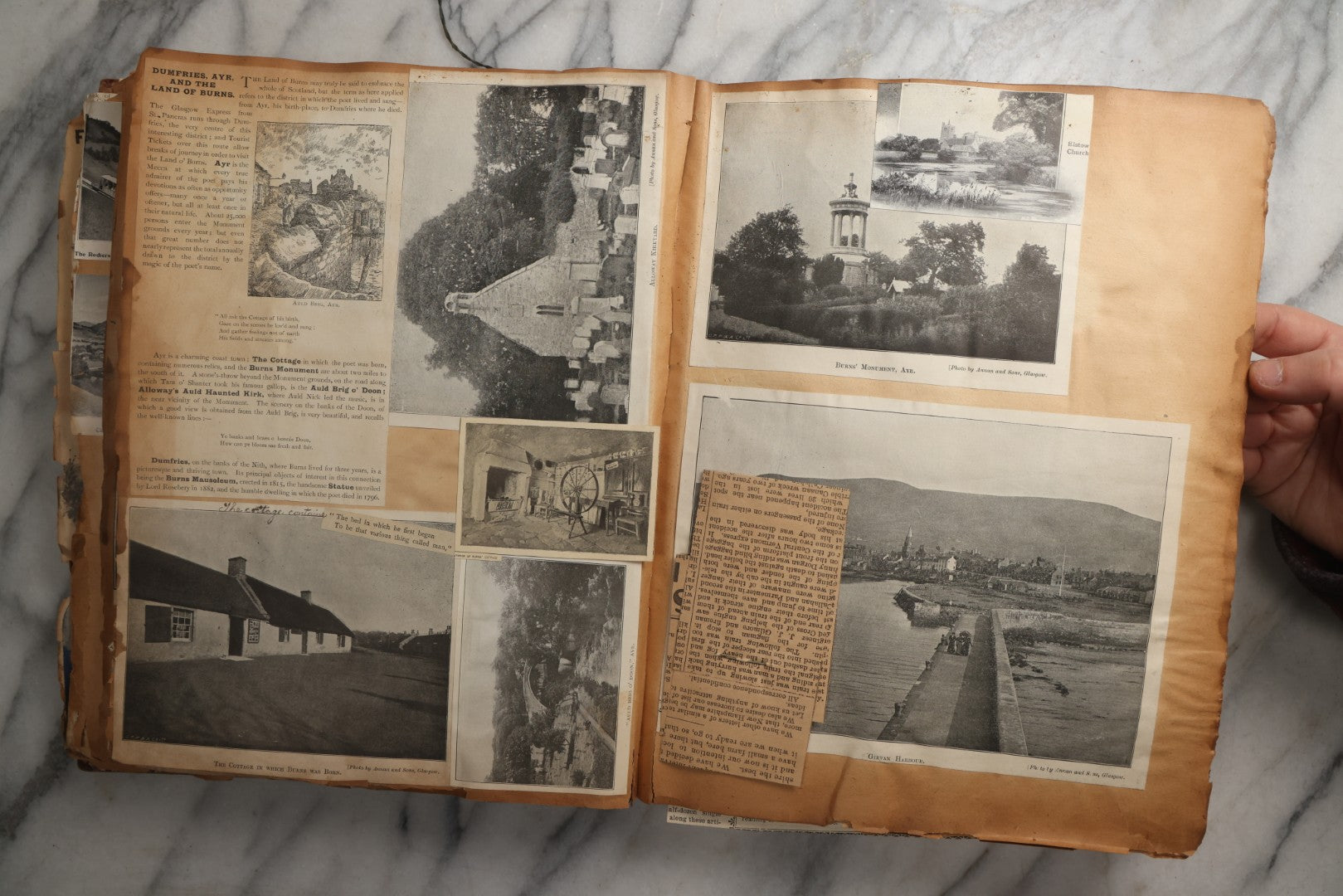 Lot 081 - Antique Marbled Paper Scrapbook Album With Board And Fabric Binding, England, Holland, France, European Travel Ephemera, Two Spreads Homemade Herbarium, Circa 1899