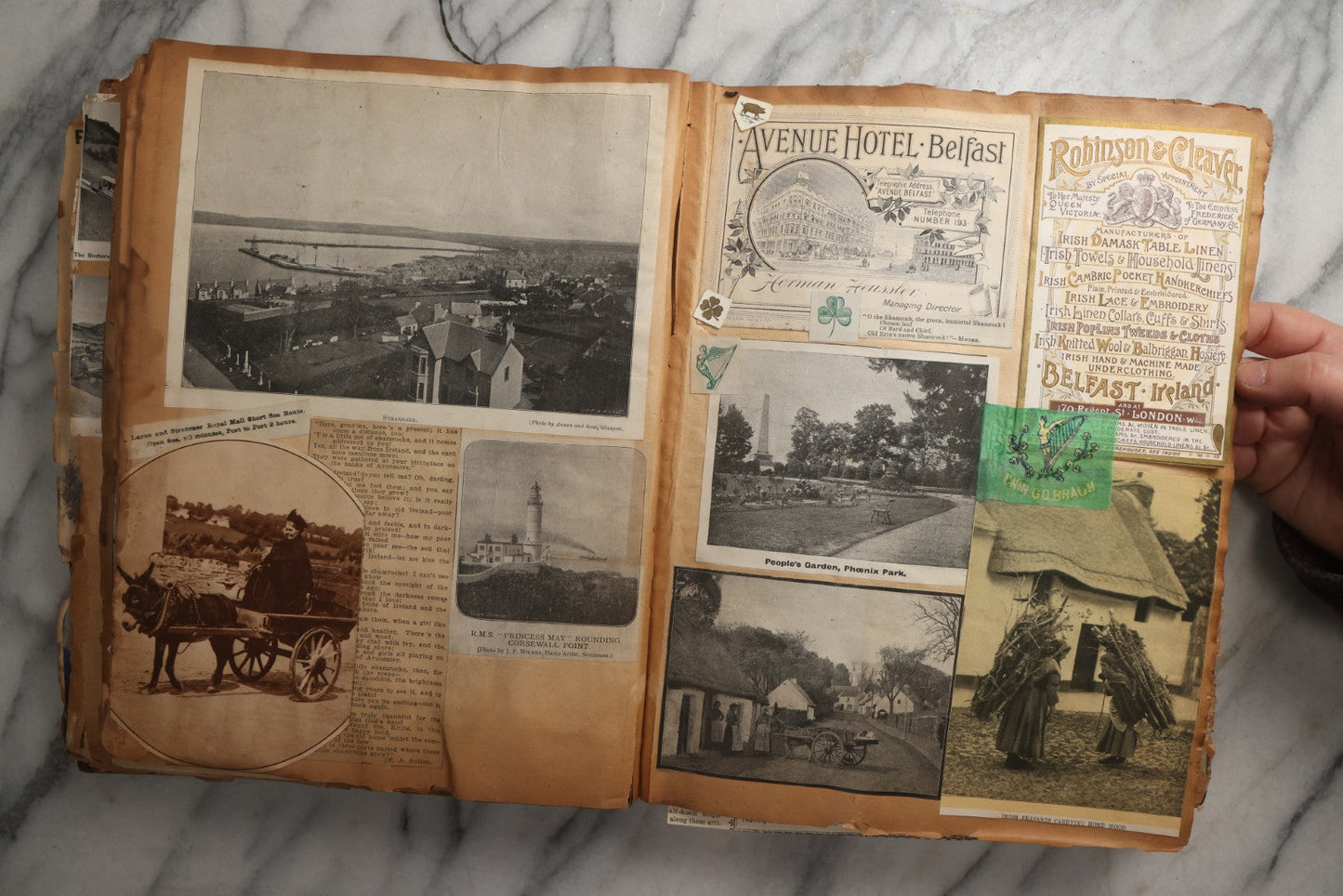 Lot 081 - Antique Marbled Paper Scrapbook Album With Board And Fabric Binding, England, Holland, France, European Travel Ephemera, Two Spreads Homemade Herbarium, Circa 1899