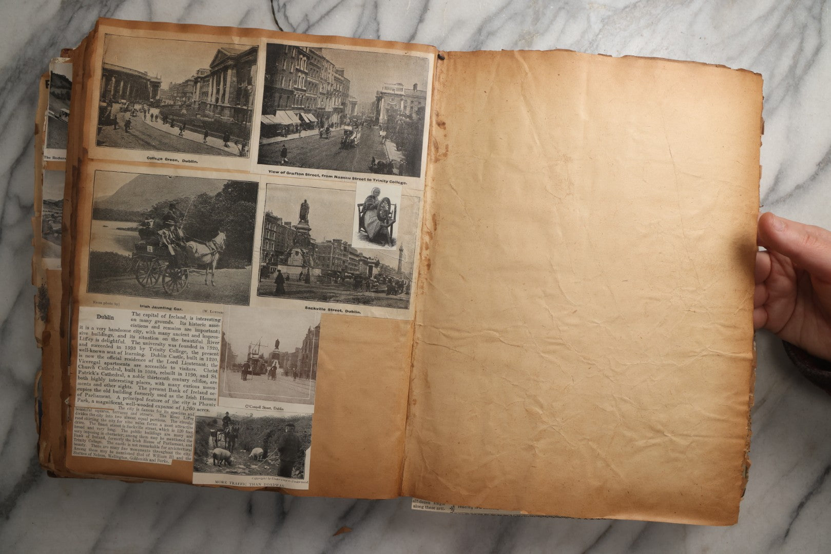 Lot 081 - Antique Marbled Paper Scrapbook Album With Board And Fabric Binding, England, Holland, France, European Travel Ephemera, Two Spreads Homemade Herbarium, Circa 1899