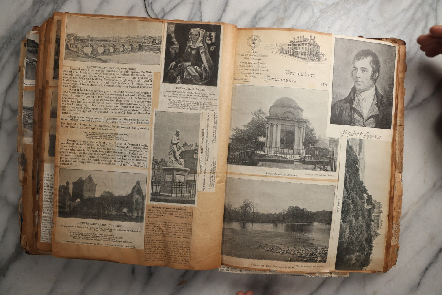 Lot 081 - Antique Marbled Paper Scrapbook Album With Board And Fabric Binding, England, Holland, France, European Travel Ephemera, Two Spreads Homemade Herbarium, Circa 1899