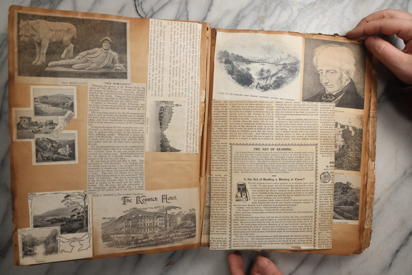 Lot 081 - Antique Marbled Paper Scrapbook Album With Board And Fabric Binding, England, Holland, France, European Travel Ephemera, Two Spreads Homemade Herbarium, Circa 1899