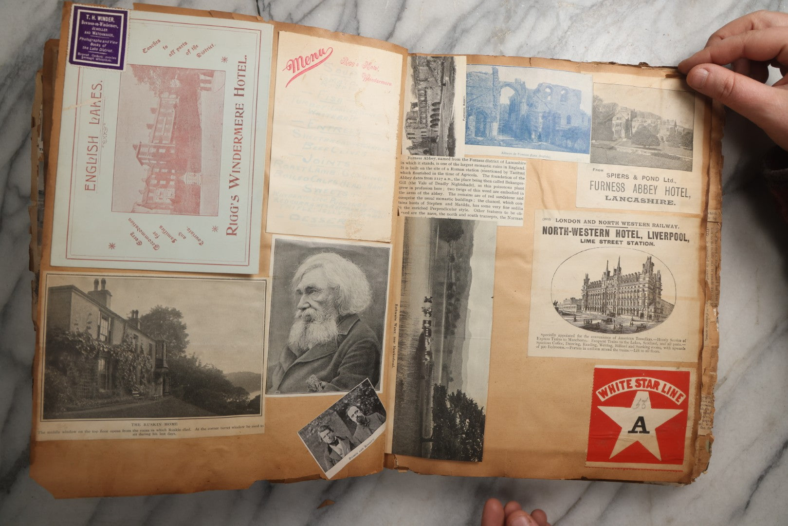 Lot 081 - Antique Marbled Paper Scrapbook Album With Board And Fabric Binding, England, Holland, France, European Travel Ephemera, Two Spreads Homemade Herbarium, Circa 1899