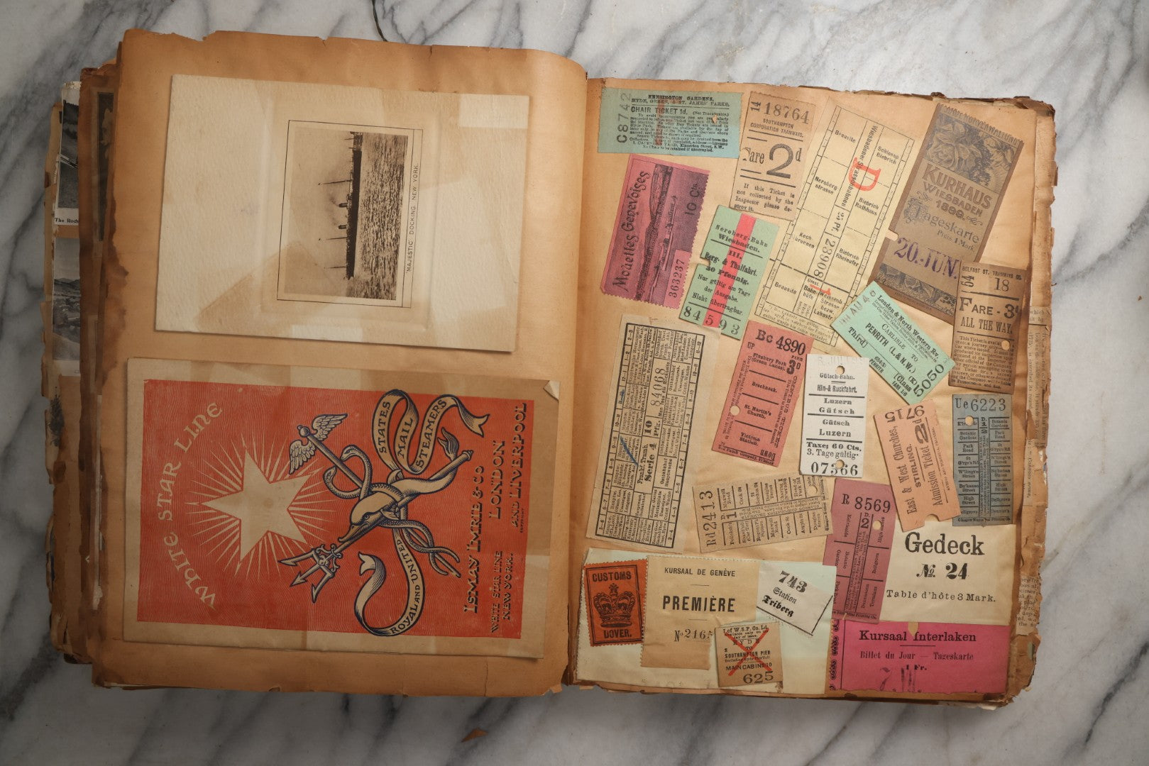 Lot 081 - Antique Marbled Paper Scrapbook Album With Board And Fabric Binding, England, Holland, France, European Travel Ephemera, Two Spreads Homemade Herbarium, Circa 1899