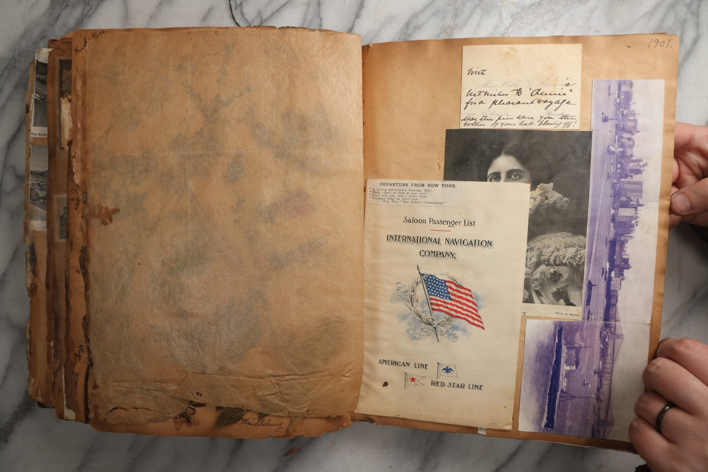 Lot 081 - Antique Marbled Paper Scrapbook Album With Board And Fabric Binding, England, Holland, France, European Travel Ephemera, Two Spreads Homemade Herbarium, Circa 1899