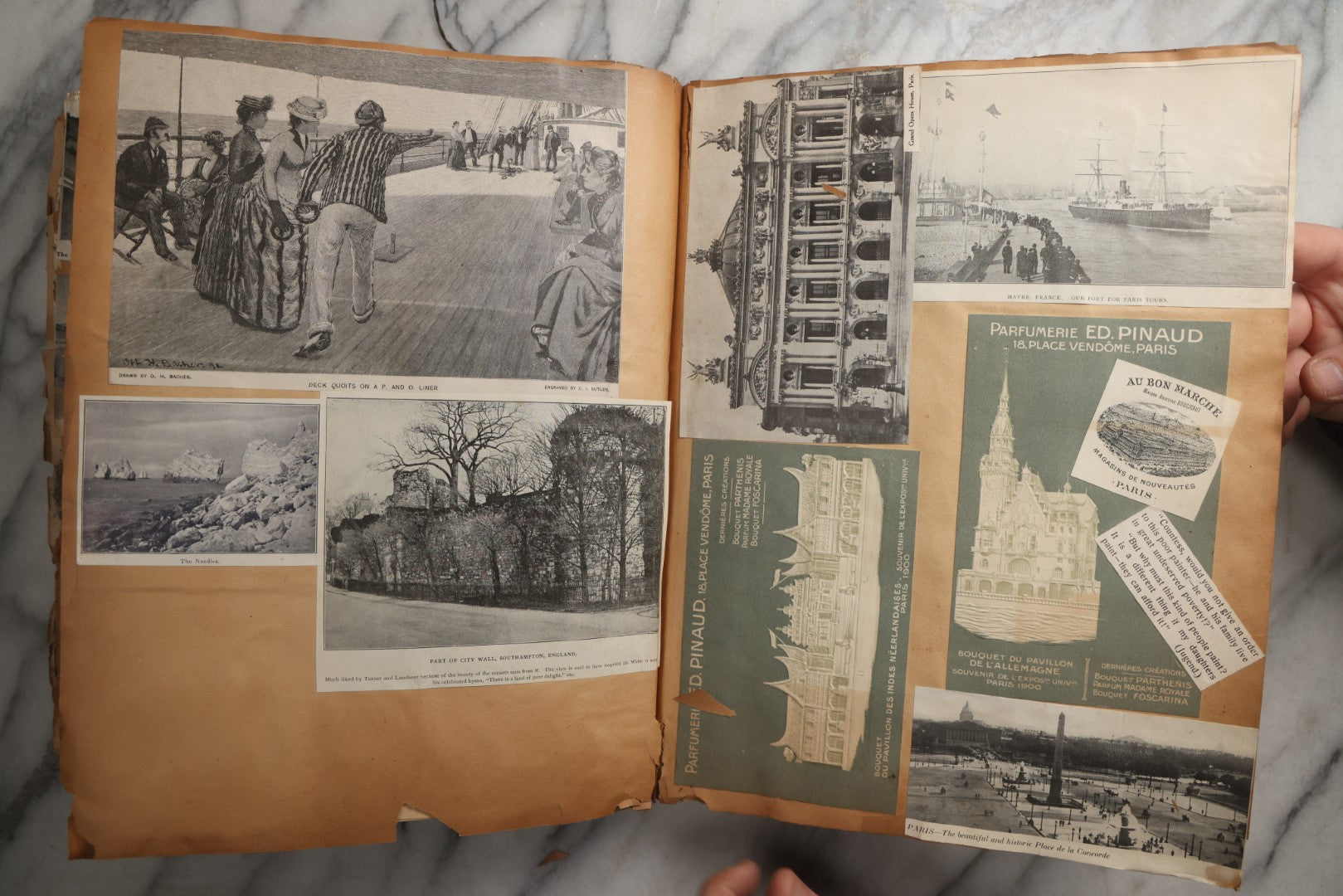 Lot 081 - Antique Marbled Paper Scrapbook Album With Board And Fabric Binding, England, Holland, France, European Travel Ephemera, Two Spreads Homemade Herbarium, Circa 1899