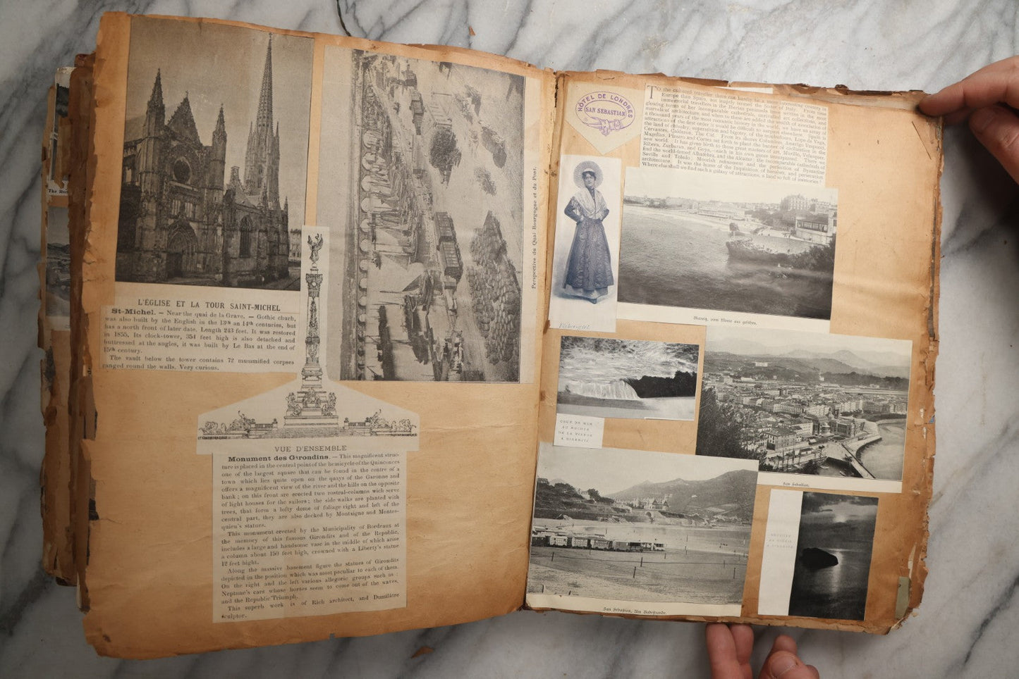 Lot 081 - Antique Marbled Paper Scrapbook Album With Board And Fabric Binding, England, Holland, France, European Travel Ephemera, Two Spreads Homemade Herbarium, Circa 1899