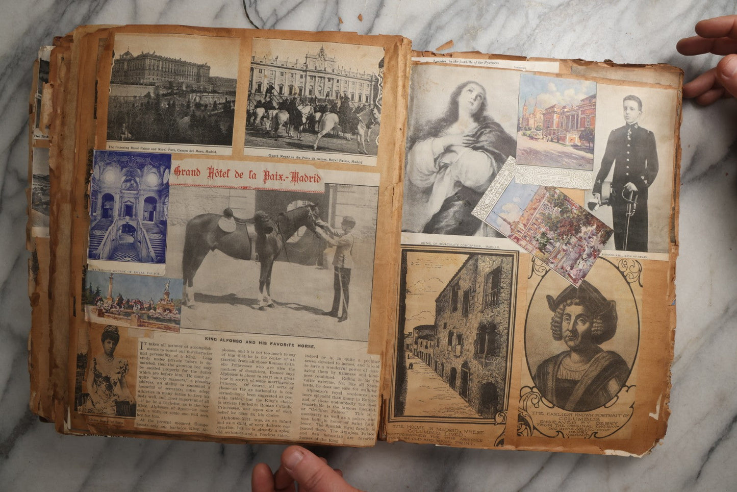 Lot 081 - Antique Marbled Paper Scrapbook Album With Board And Fabric Binding, England, Holland, France, European Travel Ephemera, Two Spreads Homemade Herbarium, Circa 1899