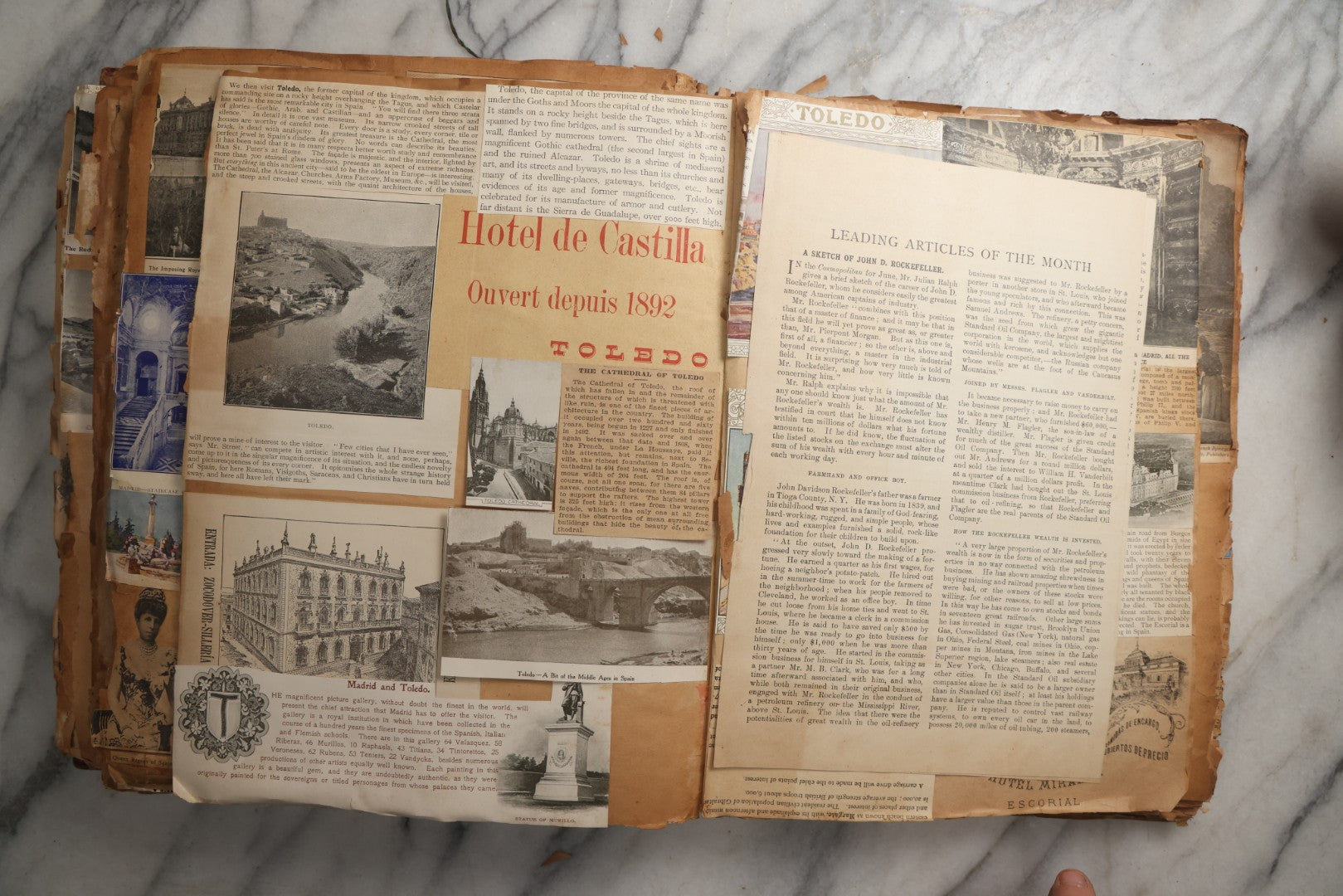 Lot 081 - Antique Marbled Paper Scrapbook Album With Board And Fabric Binding, England, Holland, France, European Travel Ephemera, Two Spreads Homemade Herbarium, Circa 1899