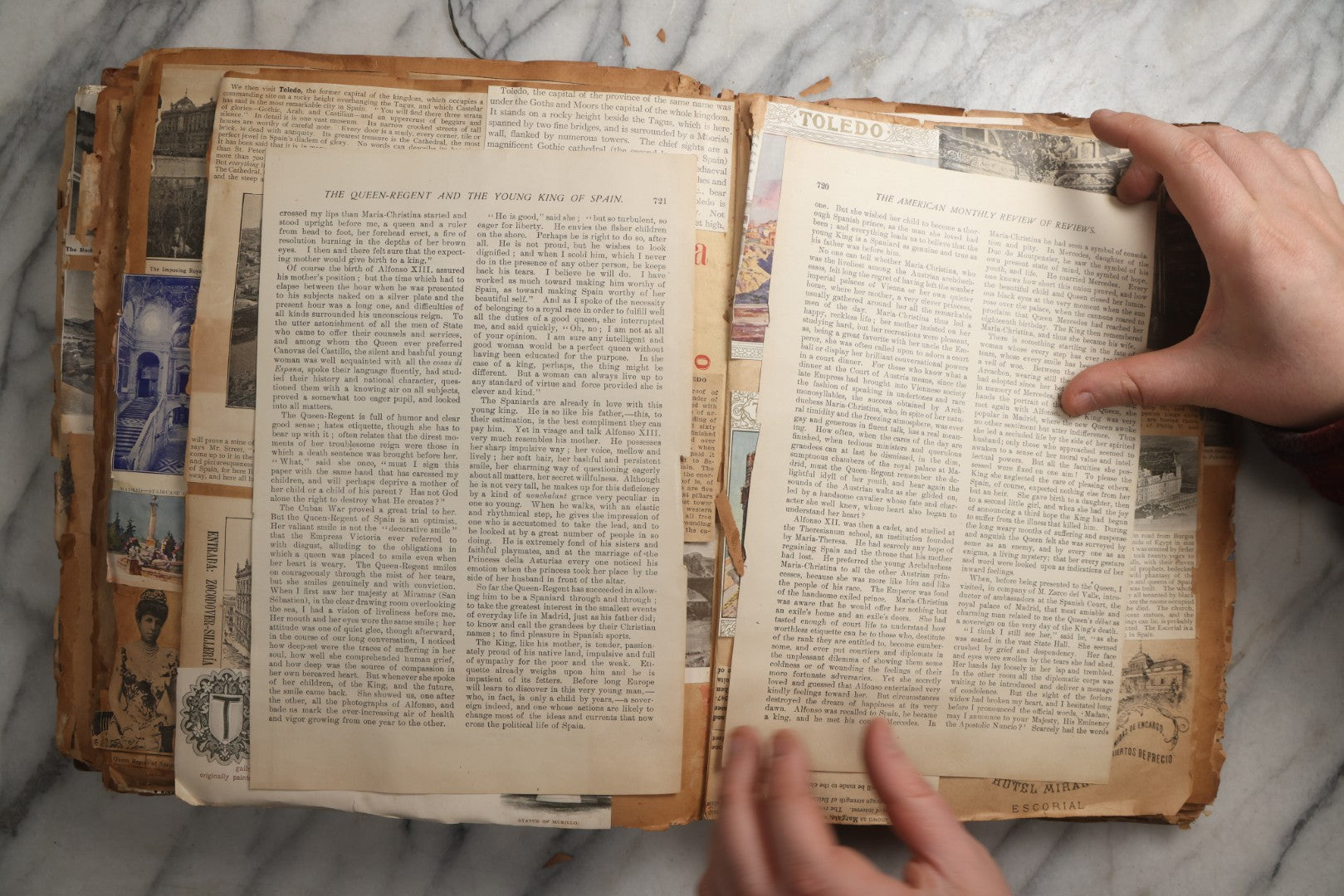 Lot 081 - Antique Marbled Paper Scrapbook Album With Board And Fabric Binding, England, Holland, France, European Travel Ephemera, Two Spreads Homemade Herbarium, Circa 1899