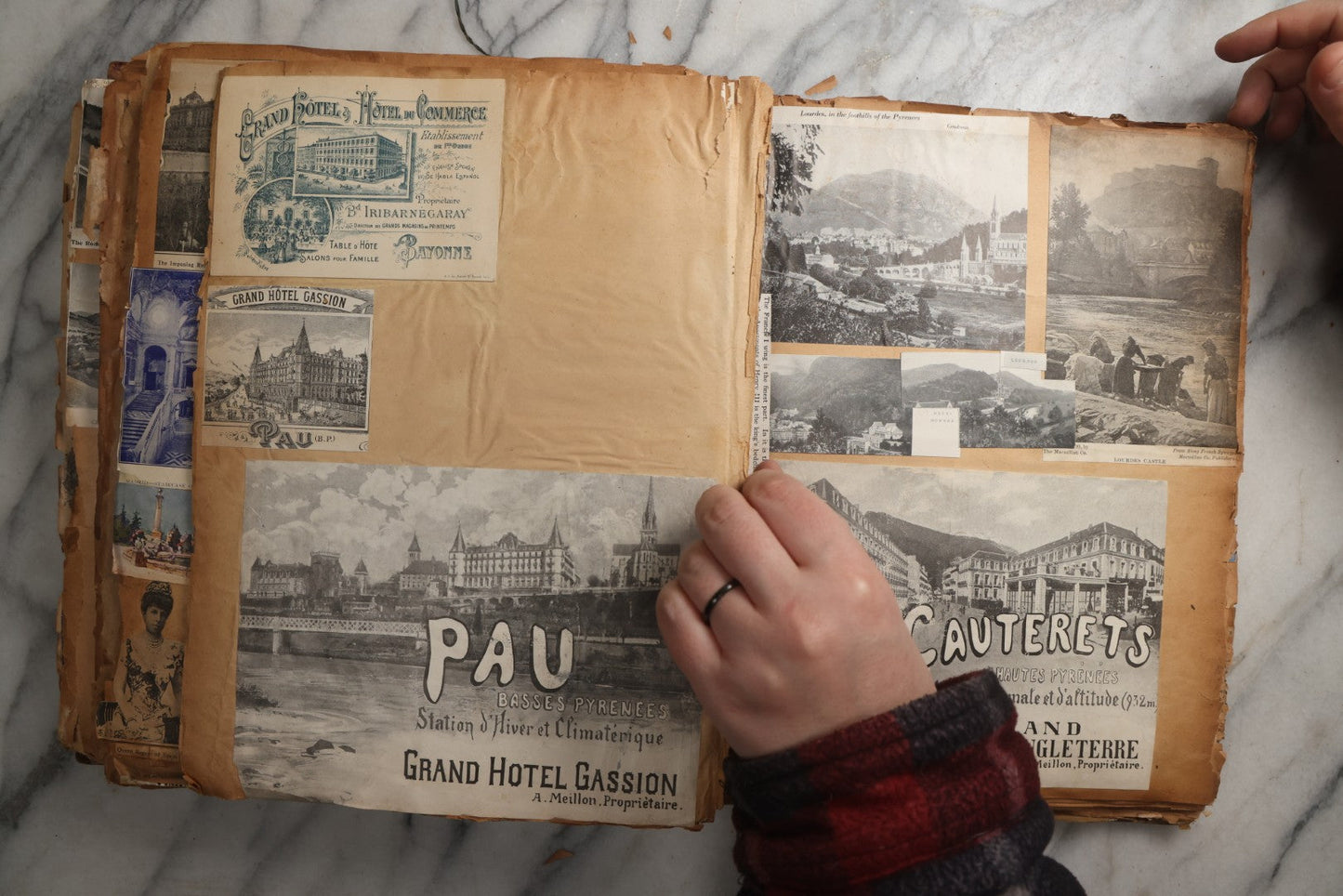 Lot 081 - Antique Marbled Paper Scrapbook Album With Board And Fabric Binding, England, Holland, France, European Travel Ephemera, Two Spreads Homemade Herbarium, Circa 1899
