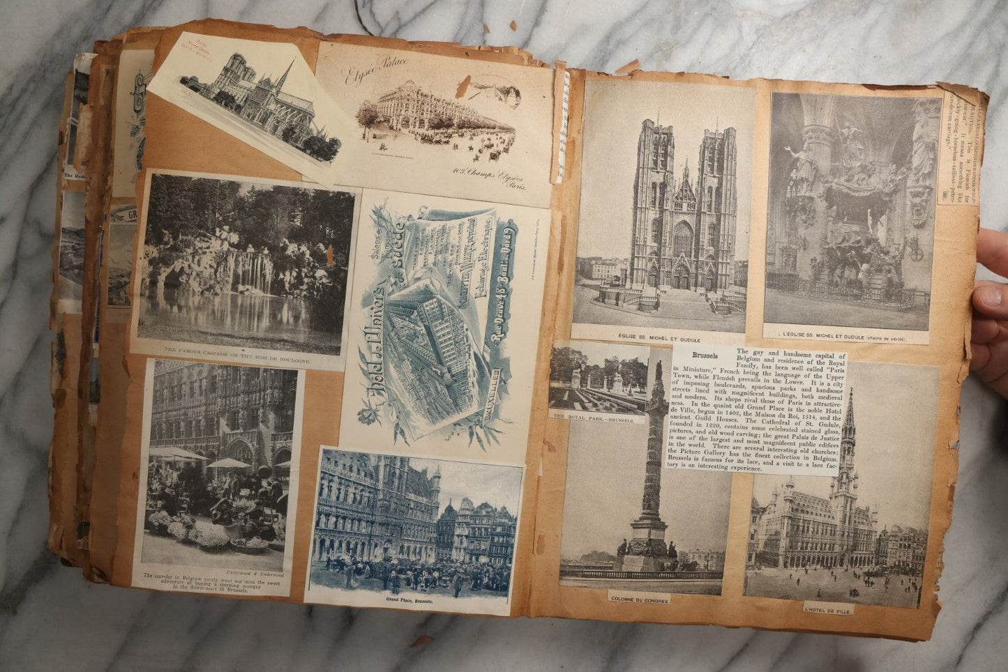 Lot 081 - Antique Marbled Paper Scrapbook Album With Board And Fabric Binding, England, Holland, France, European Travel Ephemera, Two Spreads Homemade Herbarium, Circa 1899